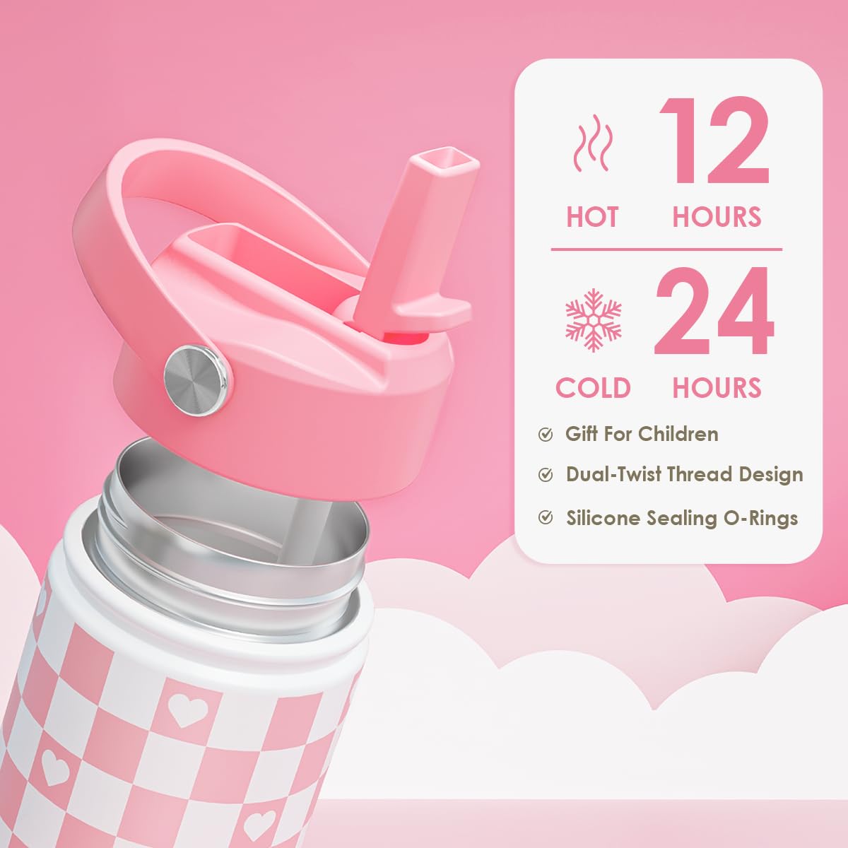 Checker Print Kids Water Bottle With Straw Lid 12oz Insulated Stainless Steel, Travel Tumbler, Pink Bow Gifts For Girls, Birthda