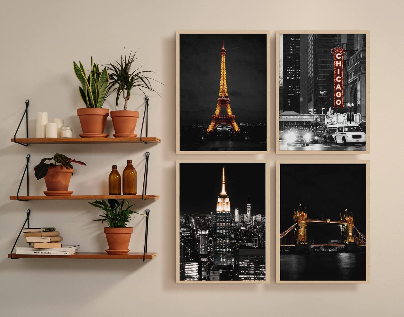 Famous City Art - Us Skyline Photos, City Aesthetic Bedroom Posters, Travel Gifts Set 4 City Skyline Of Eiffel Tower, Chicago, E