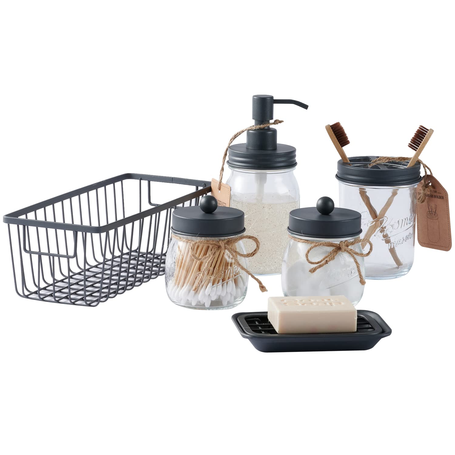 Sheechung Mason Jar Bathroom Accessories Set (6Pcs), Bathroom Decor - Lotion Soap Dispenser, Toothbrush Holder, 2 Apothecary Jar