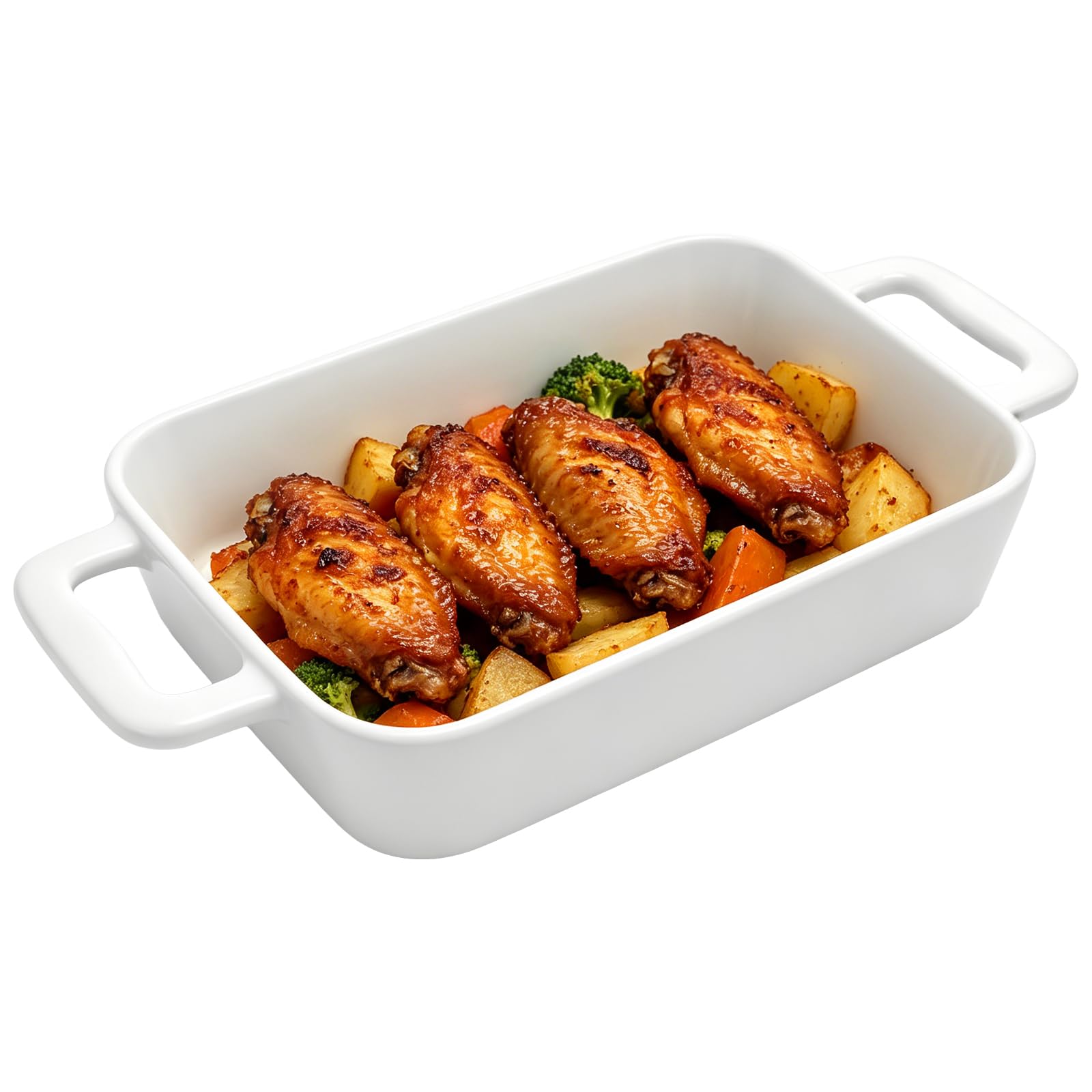 Large White Rectangular Ceramic Baking Dish with Dual Handles, 10.6 x 5.9 x 2.0 in, Oven Safe LongLasting Casserole Pan for Che