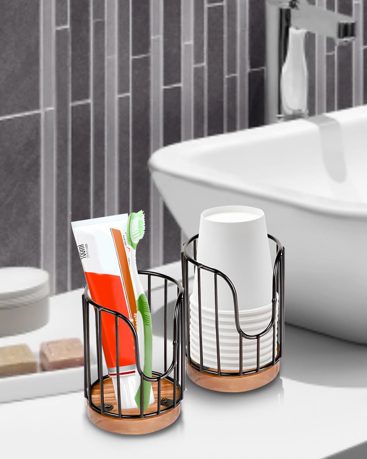 Tanggiteck 2Pcs Rural Style Bathroom Cup Dispenser, Small Disposable Paper Cup Holder, 3Oz Disposable Mouthwash Cup Storage Rack