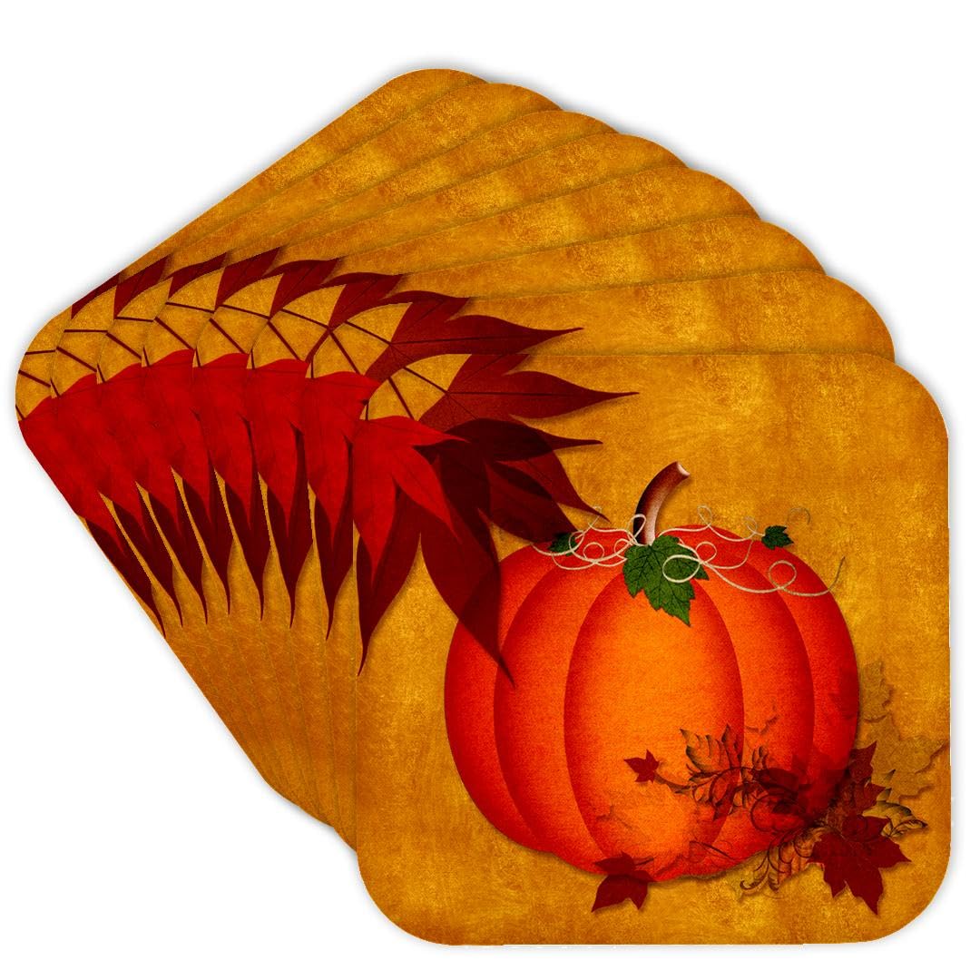 3dRose Large Orange Pumpkin With Golden Grunge And Autumn Maple Leaves, Set Of 8 Soft Coasters