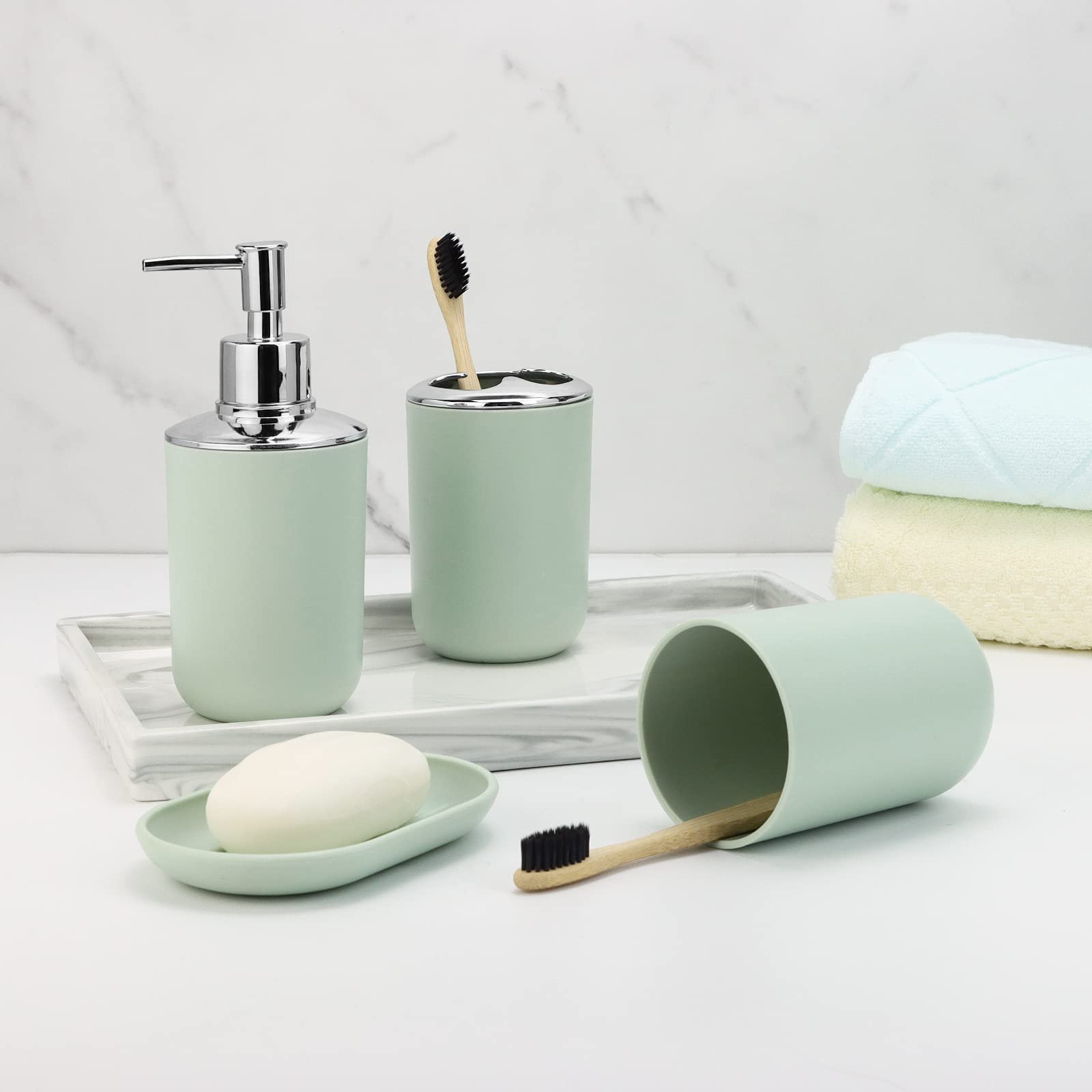 Imavo Bathroom Accessory Set - 6 Piece Green Bathroom Accessories Set With Trash Can, Soap Dispenser, Soap Dish, Toothbrush Hold