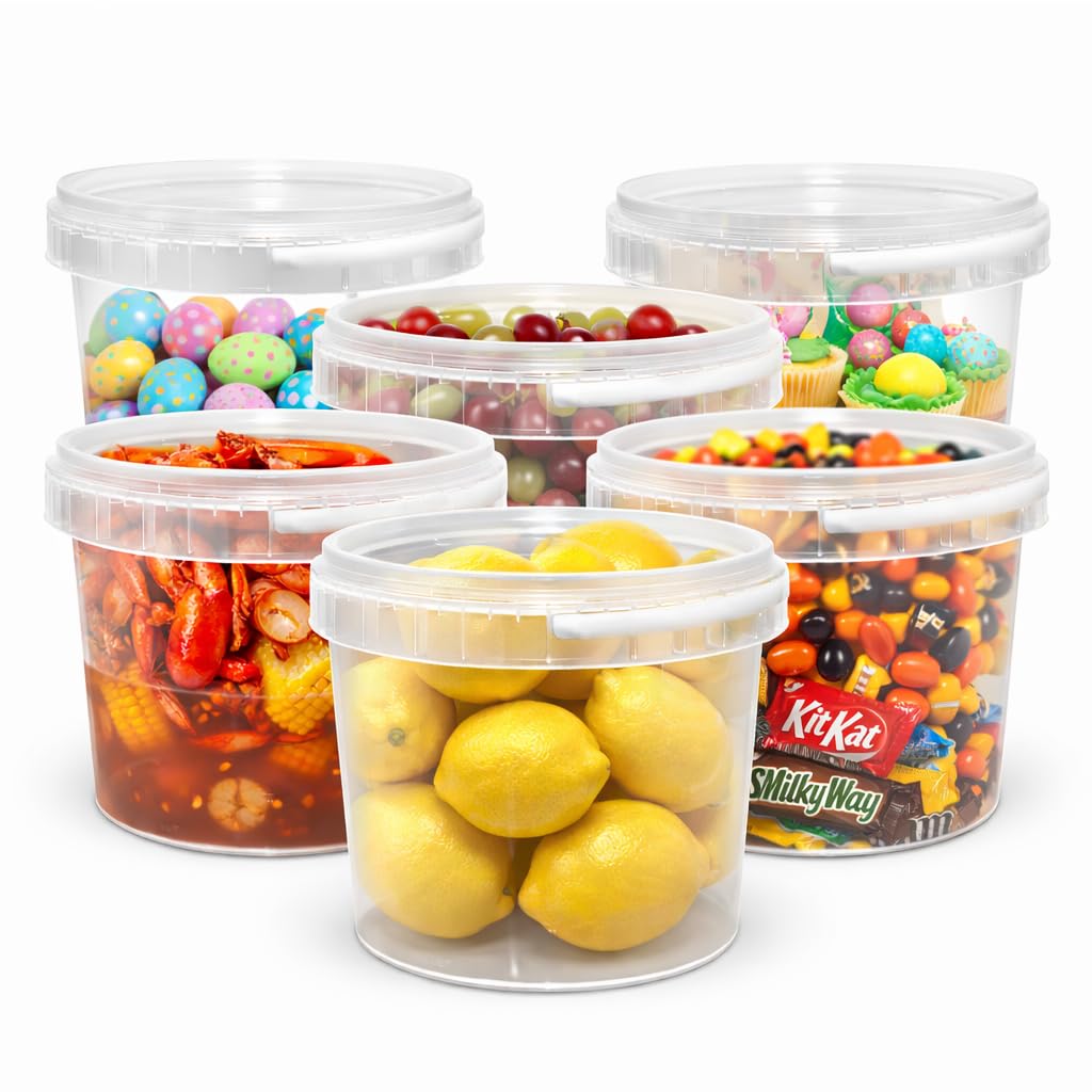 4ULIFE 128 oz 6-Pack Heavy Duty Clear Microwavable Tamper-Evident Food Storage Containers, Multi-Purpose Event Buckets, Ice Cre