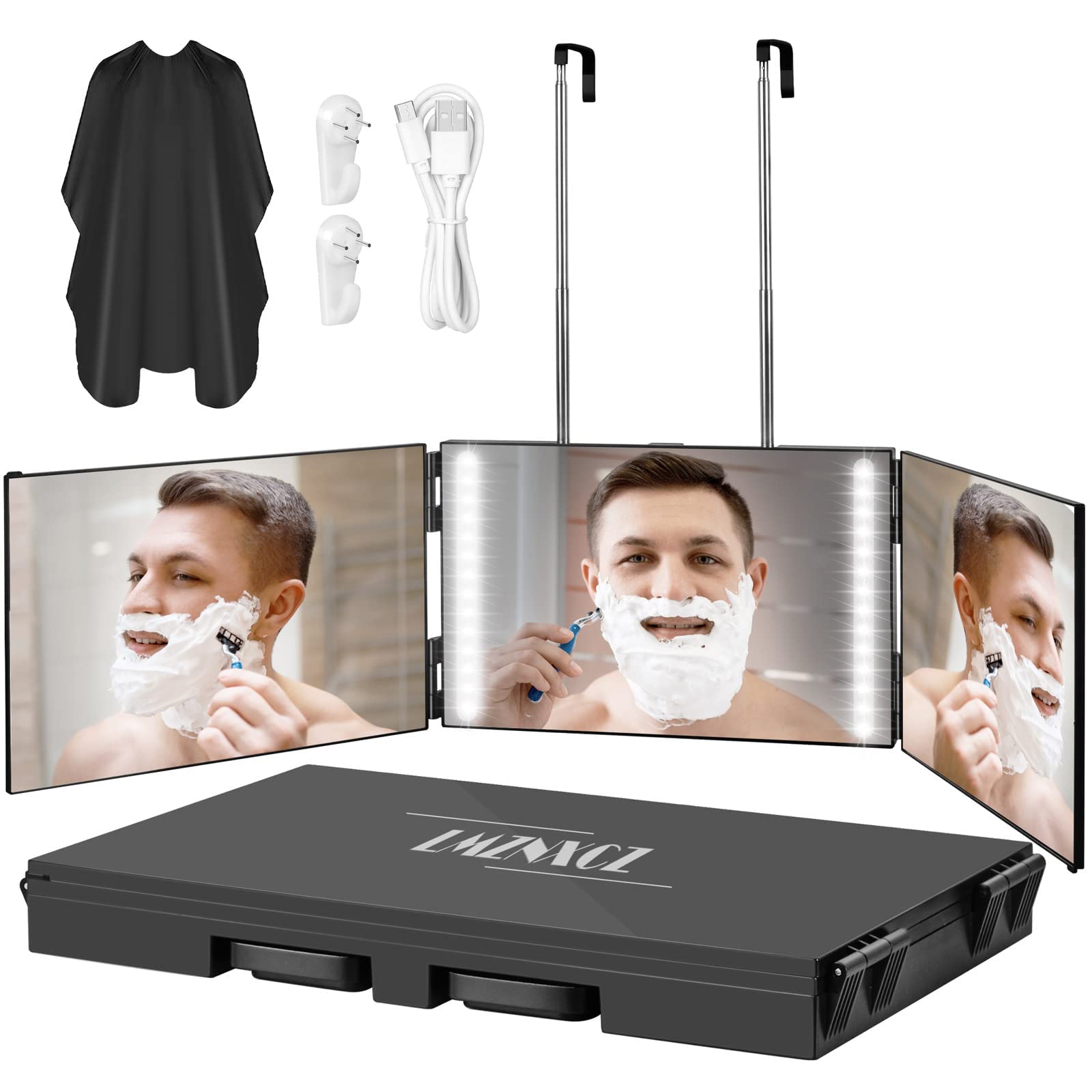 Lmznxcz With Led Lights 3 Way Mirror For Self Hair Cutting,360 Haircuts Mirror Men For Barber Use Tools,To See Back Of Head,Tri