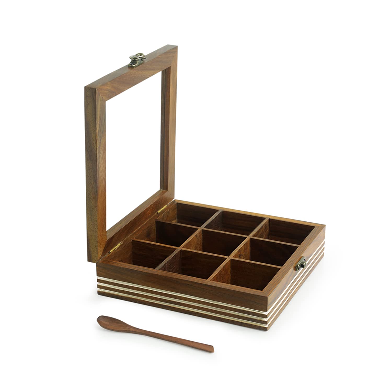 ExclusiveLane Wooden Spice Box | Masala Dabba with 9 Compartments | Size - 8x8x2 inches | Namak Daani with Spoon & See Through L