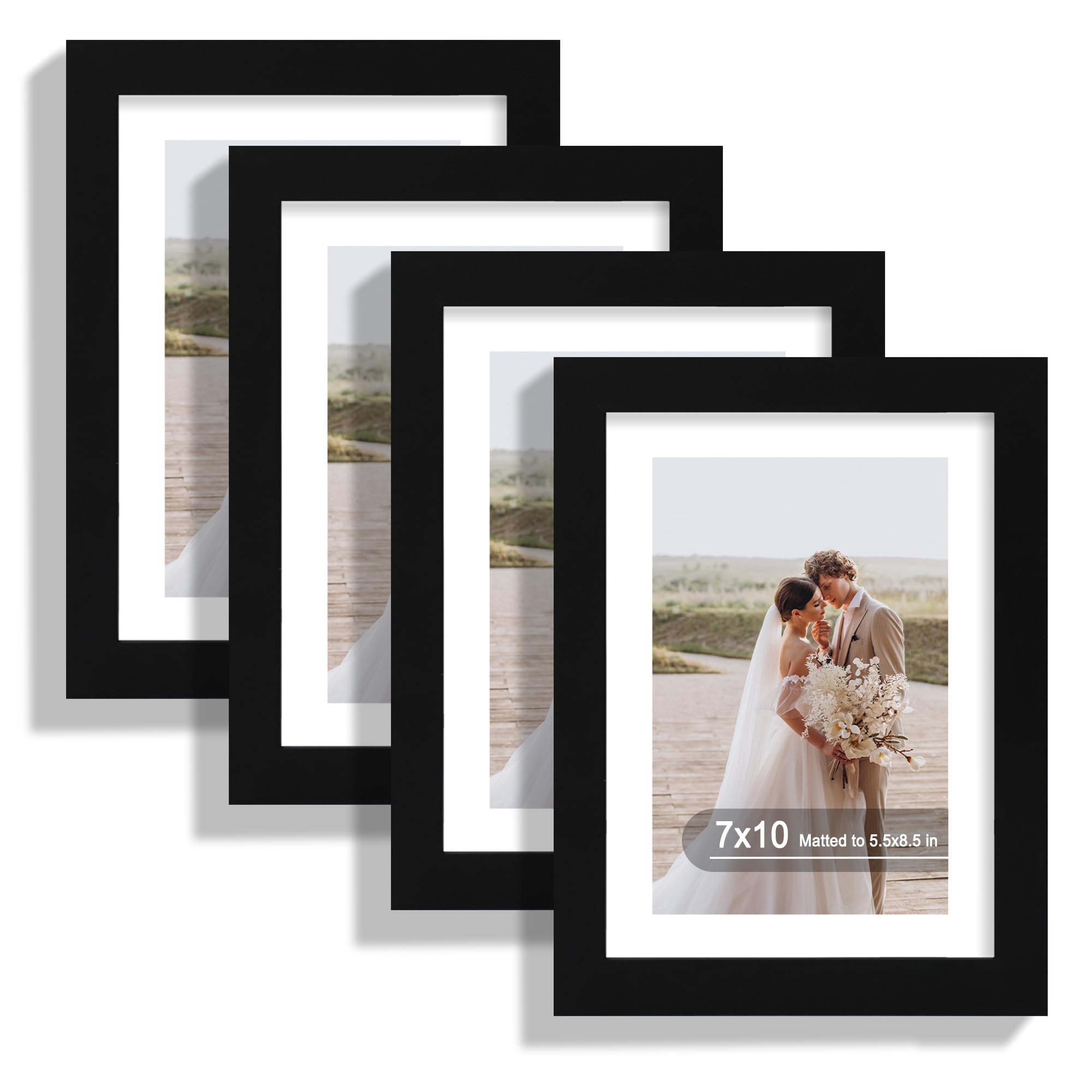 Hongkee 7x10 Picture Frame Set of 4, Made of Real Glass and Black Frame - Display Picture 5.5x8.5 with Mat or 7x10 Without Mat, 