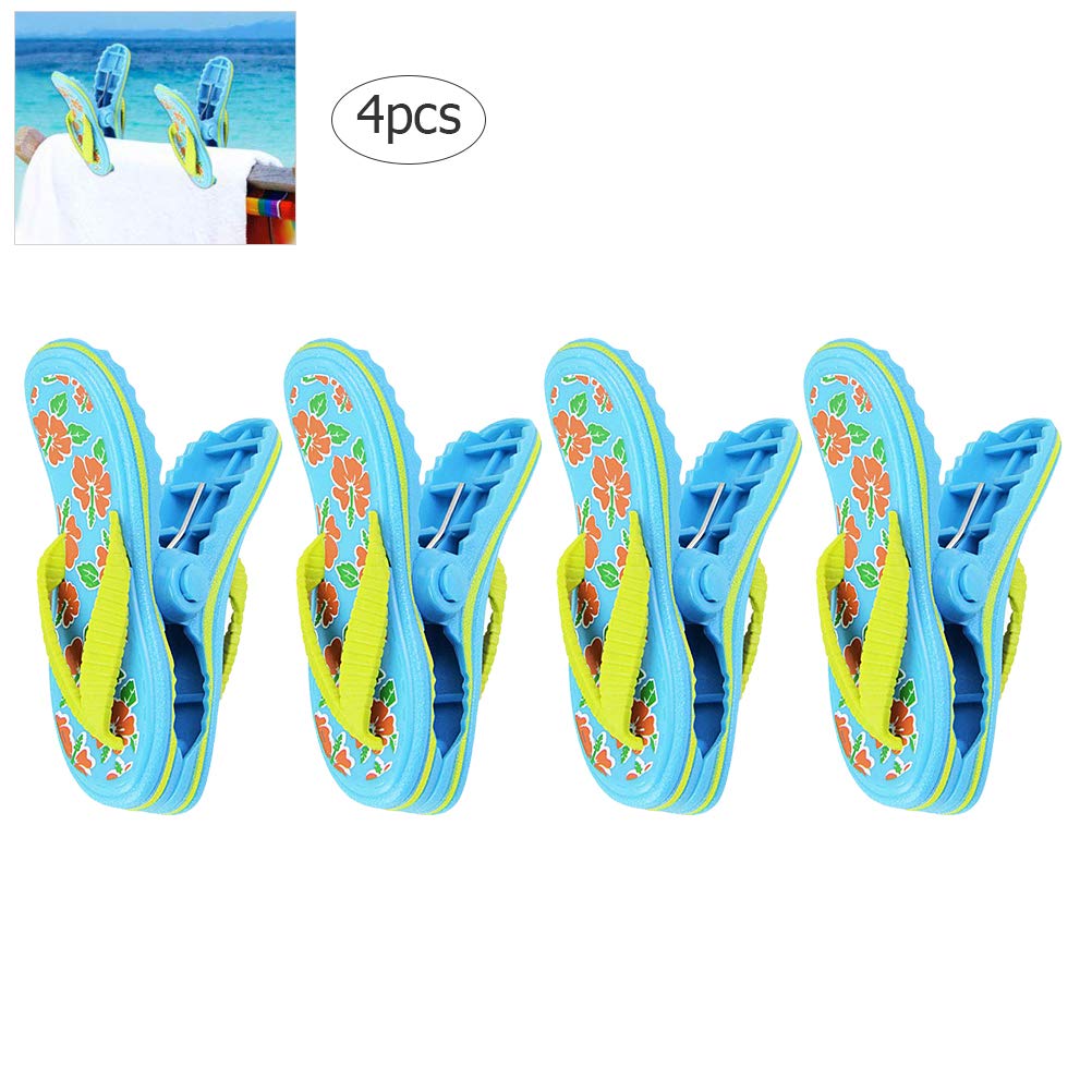 Beach Towel Clips For Beach Chairs, Set Of 4, Flip Flop Design Portable Towel Holder Clips, Big Size Flip Flops Blue, Windproof