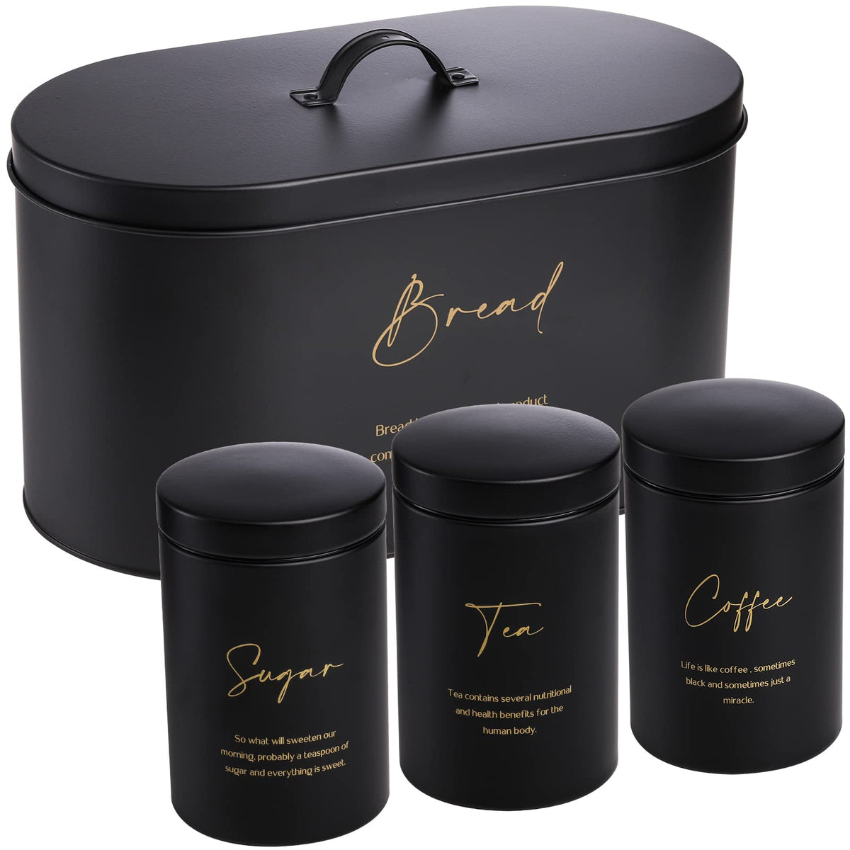 Hacaroa Set Of 4 Bread Box And Canister Set For Kitchen Countertop, Metal Bread Bin Sugar Tea Coffee Storage Canister With Lid,