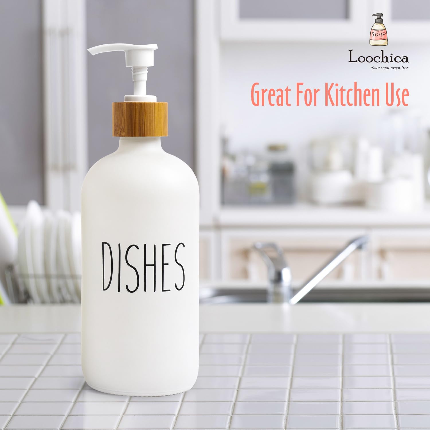 Loochica Dish White Glass Soap Dispenser With Plastic Pump, 16 Oz White Dish Soap Dispenser Set Refillable Reusable Apothecary S