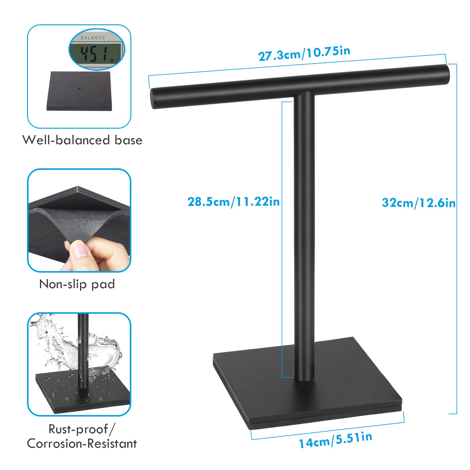 Dukwin Hand Towel Holder, Sus304 Stainless Steel Hand Towel Stand T-Shaped Matte Black Freestanding Rack For Bathroom Kitchen Co