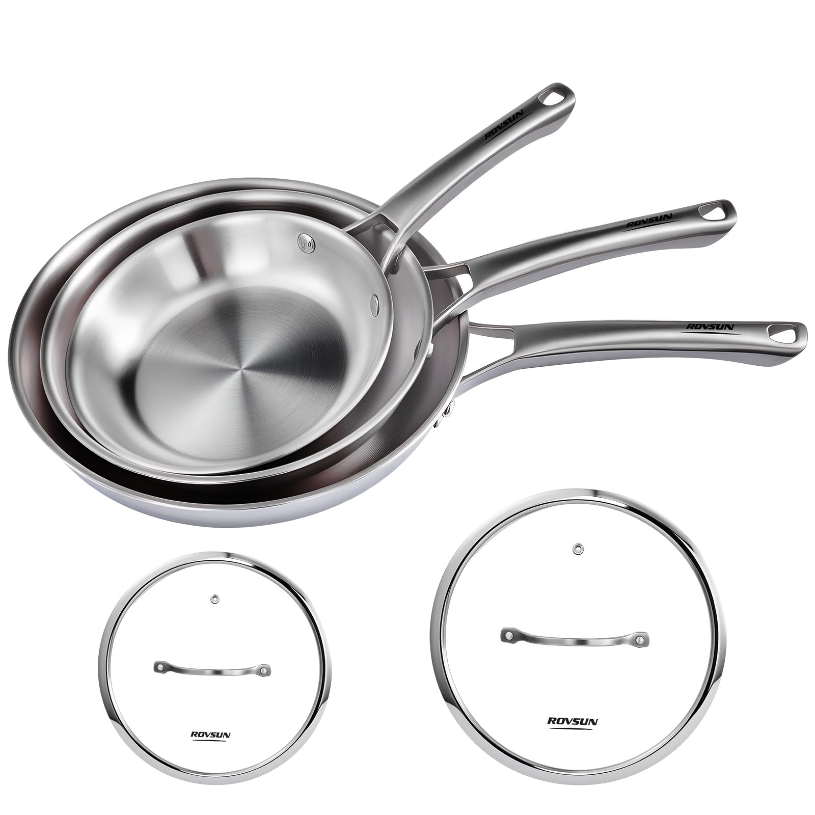 ROVSUN 81012 Inch Stainless Steel Cookware Set, TriPly Skillets Set with Lids, Full Clad Stainless Steel Chefs Pan, PFOA & P