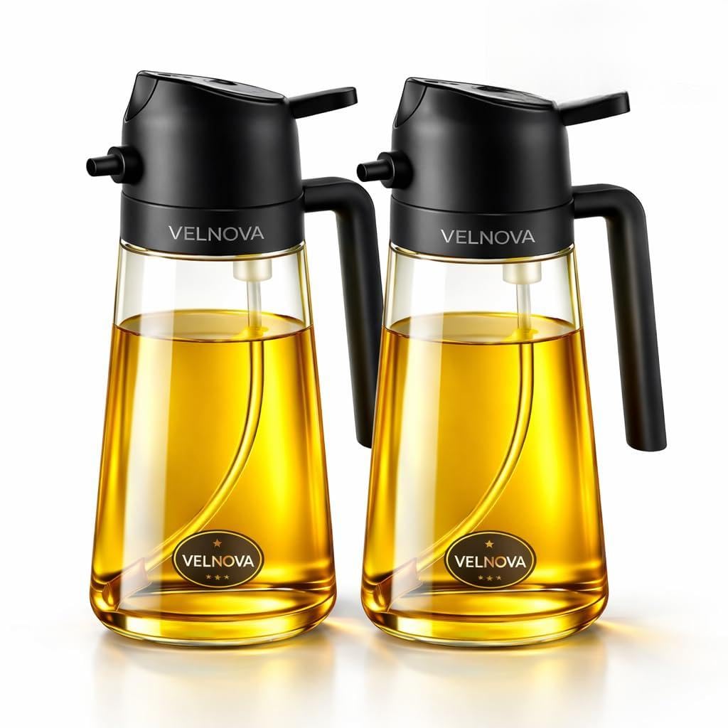 VELNOVA 2 Pack Olive Oil Sprayer for Cooking, 16oz/470ml Glass Oil Sprayer Bottles with Stickers, 2-in-1 Oil Dispenser Set, Tran