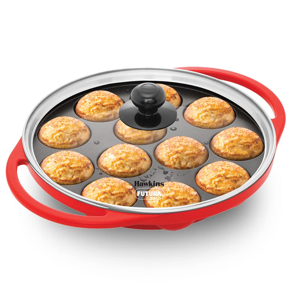 Hawkins 26 cm Appe Pan, Non Stick Paniyaram Pan with Glass Lid, 12 Cups Paniyarakkal Ceramic Pan, Litti Pan, Kuzhi Paniyaram Pan