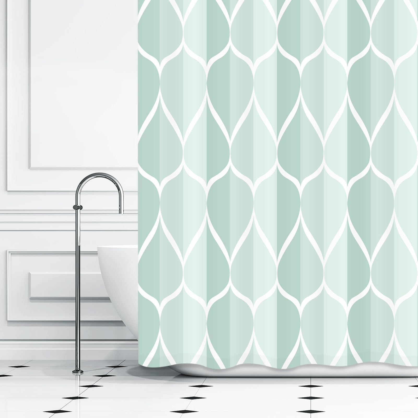 Gelbchu Light Green Geometric Shower Curtain  Waterproof Design and Polyester  Quick-Drying  Weighted Hem  Green Fabric Shower Curtains Set for Bathroom W 72 x H 72  Durable and Washable with 12 Hooks