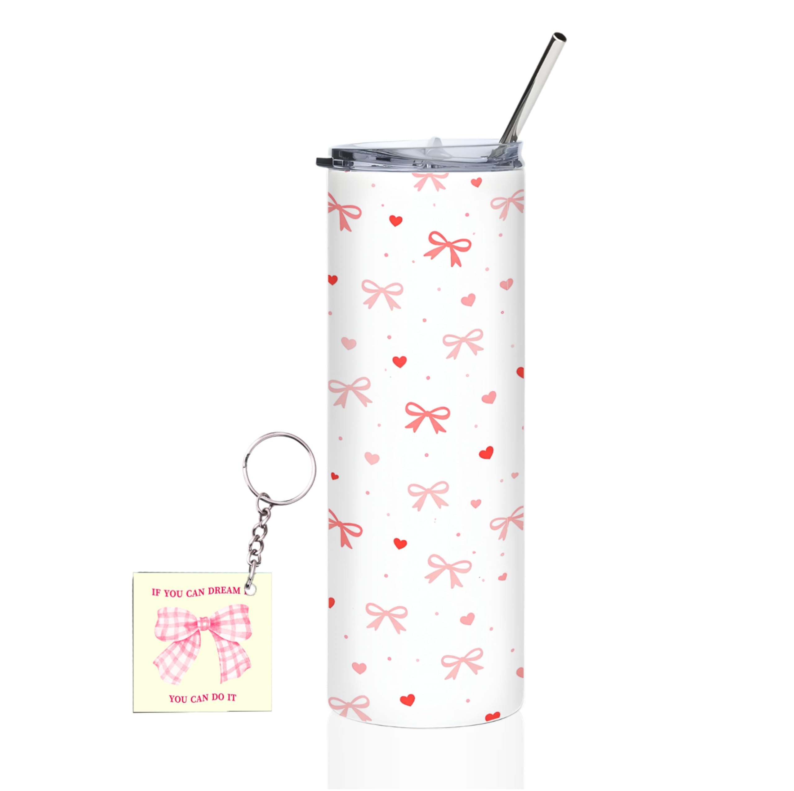 Harshhasthkala Cute Pink Bow Printed Tumbler 600Ml With Stainless Steel Straw And Transparent Lid | Aesthetic Ribbon Pattern Tra