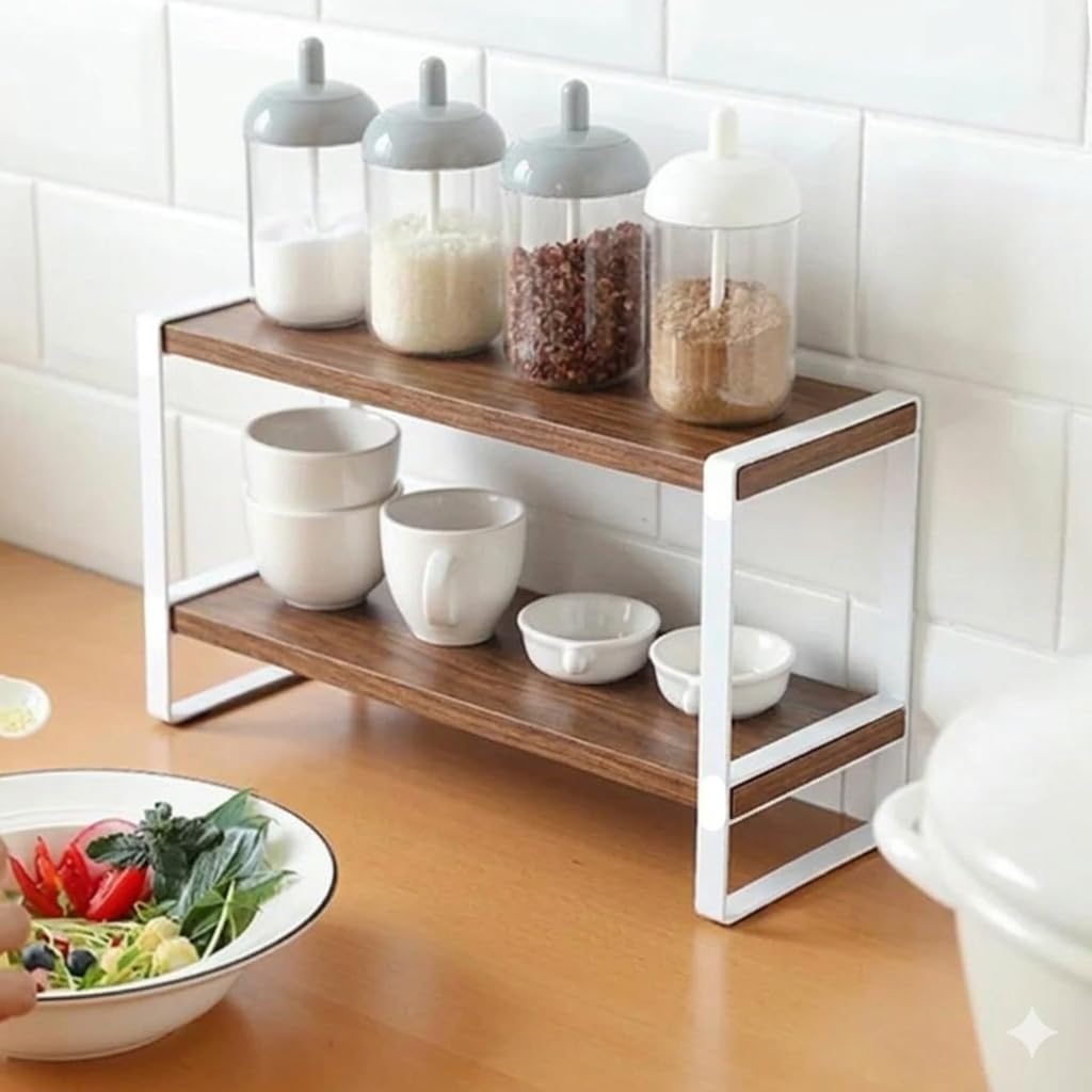 U T E E Z Metal And Wooden TwoTier Spice Rack Organizer Space Saver CounterTop Storage For Kitchen, Bathroom, Office, And Cosm