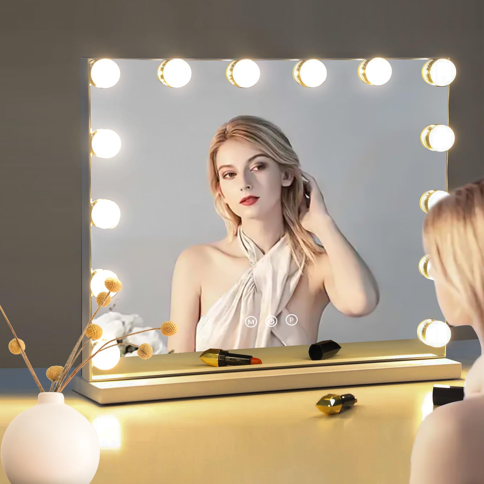 Vanity Mirror With Lights 22.8'' X 18.2'' White Makeup Mirror Hollywood Mirror With 15 Dimmable Led Bulbs 3 Color Modes 10X Magn