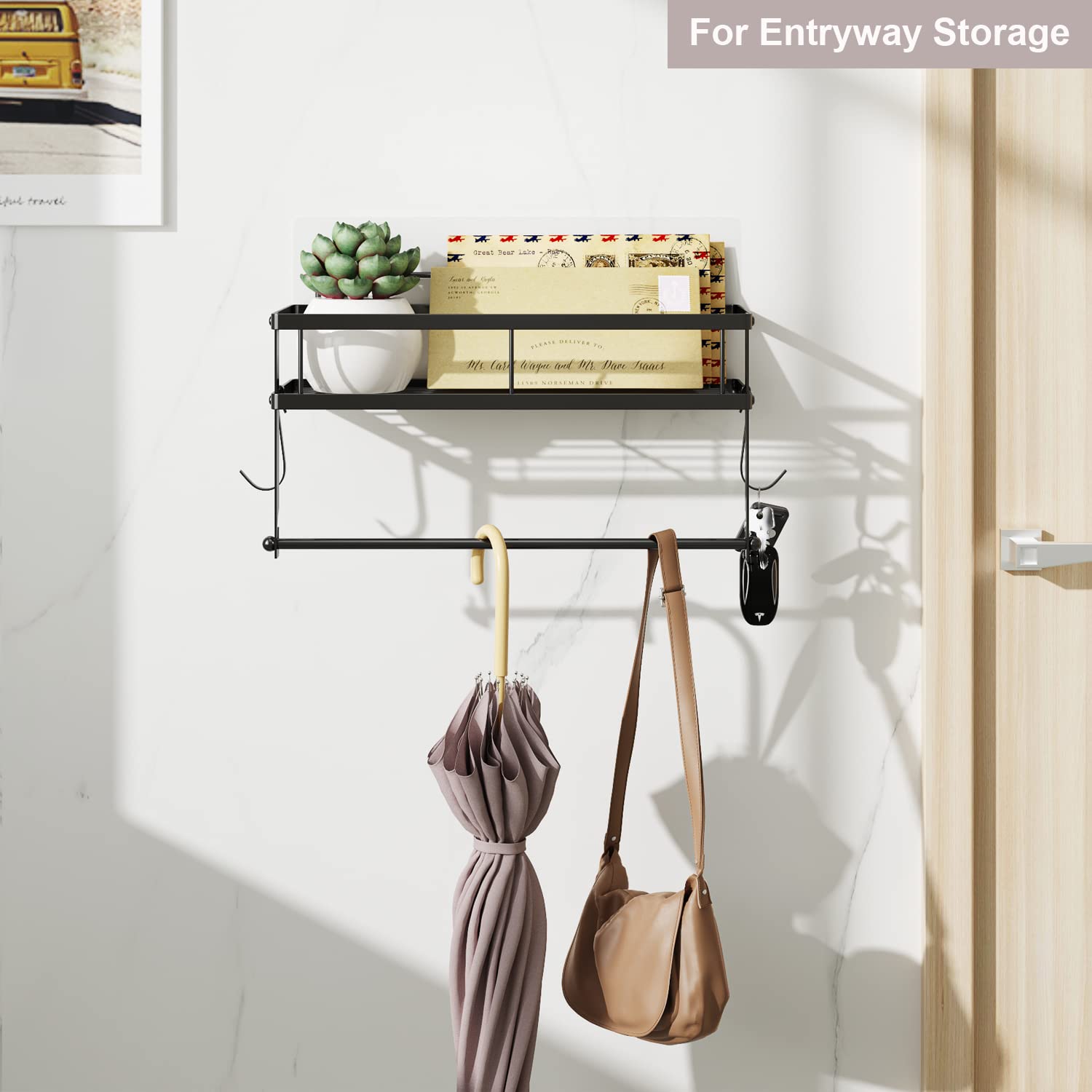 Esow Paper Towel Holder With Shelf Storage, Adhesive Wall Mount 2-In-1 Basket Organizer For Kitchen & Bathroom, Durable Metal Wi