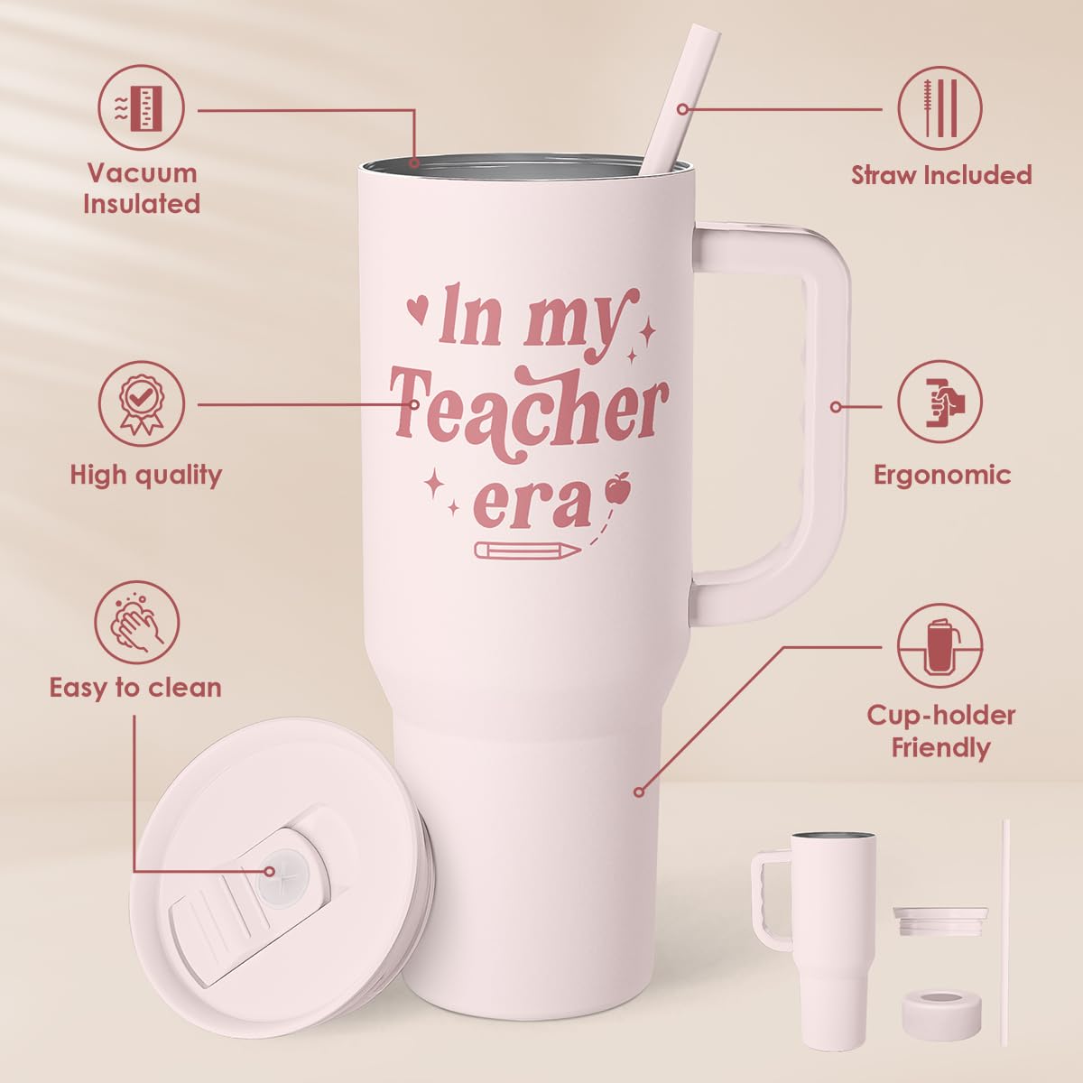 Teacher Gift - Stainless Steel Insulated Tumbler with Handle - Cool Teacher Club Travel Coffee Mug Cup for Women Back to School