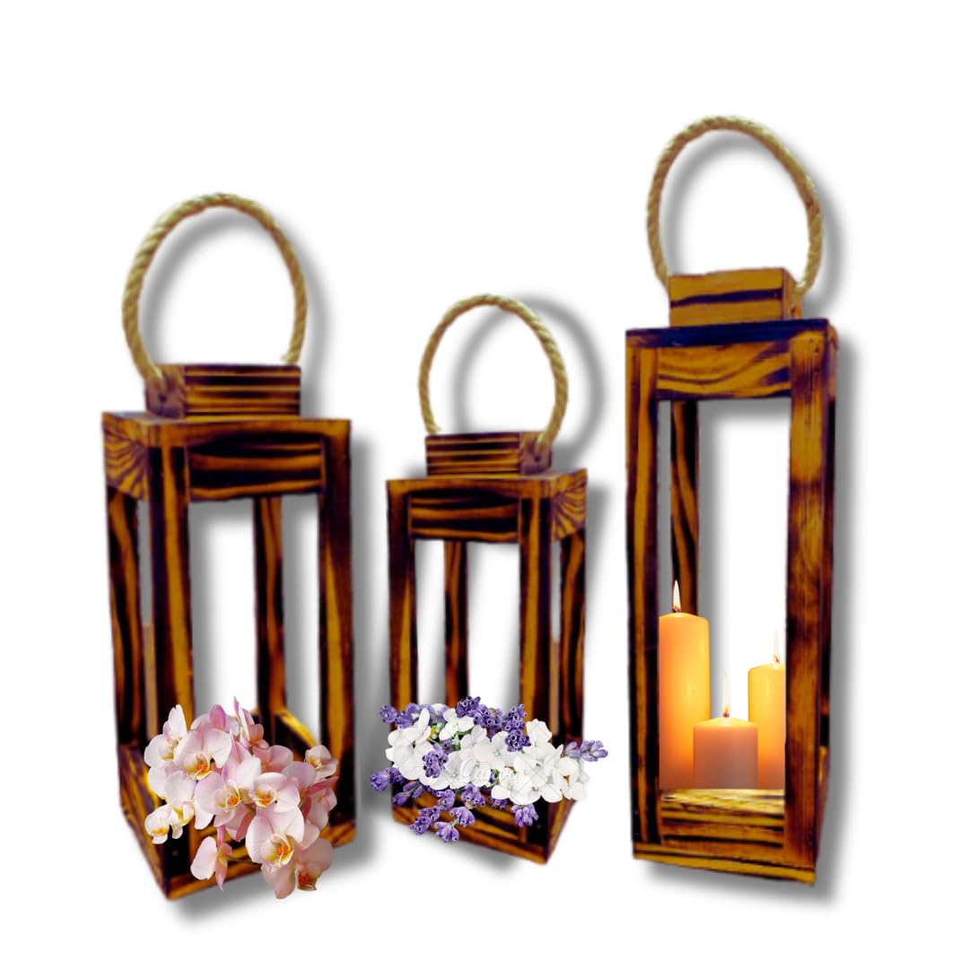 Farmhouse Wooden Candle Lanterns Decorative Set of 3, Rustic Hanging Wedding Lantern Candle Holder for Table Centerpiece Firepla