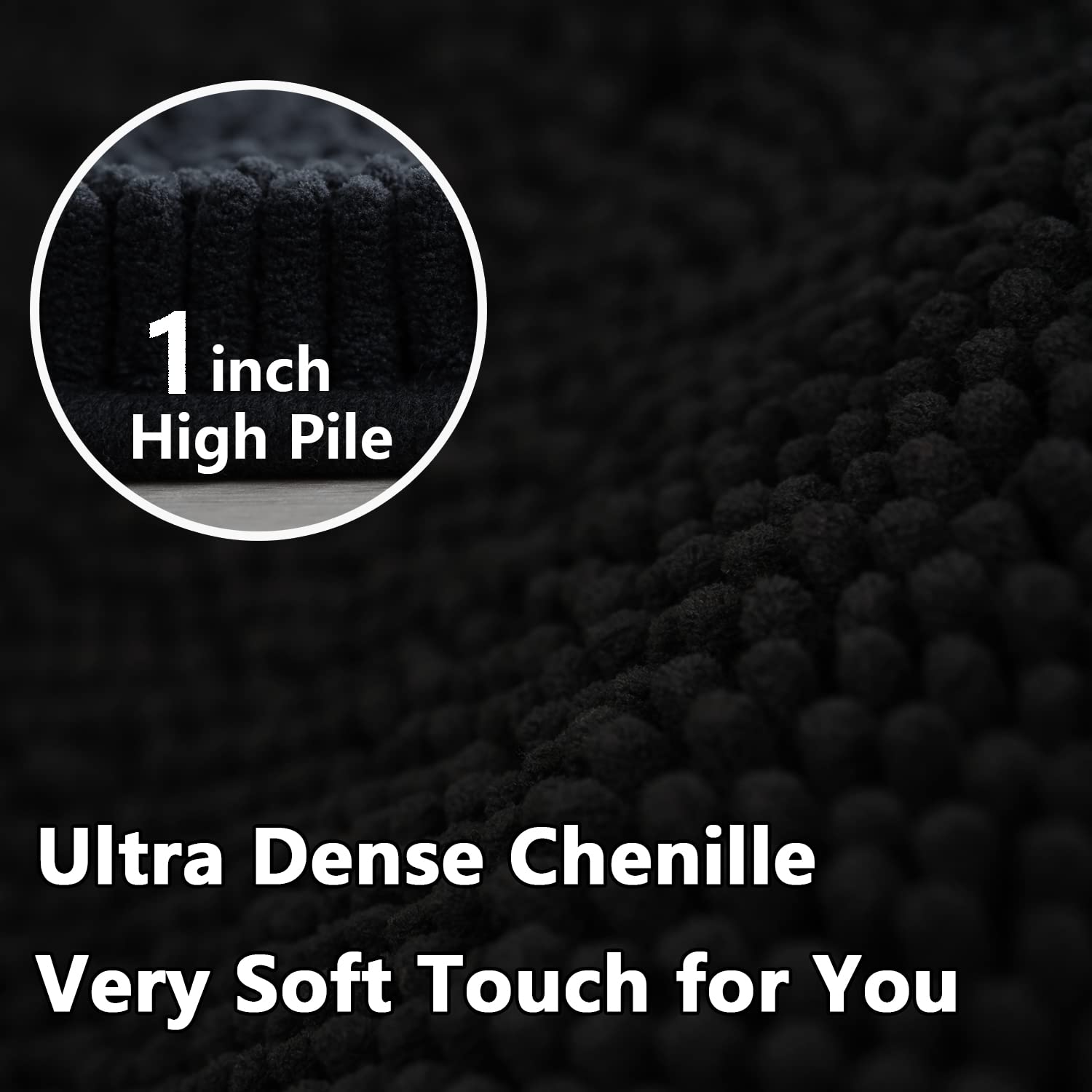 Black Bathroom Rug Chenille 3-Piece Extra Soft and Absorbent Shag Bathroom Rugs  Machine Wash Mat  Strong PVC Non-Slip Underside  Plush Carpet Mats (Black)