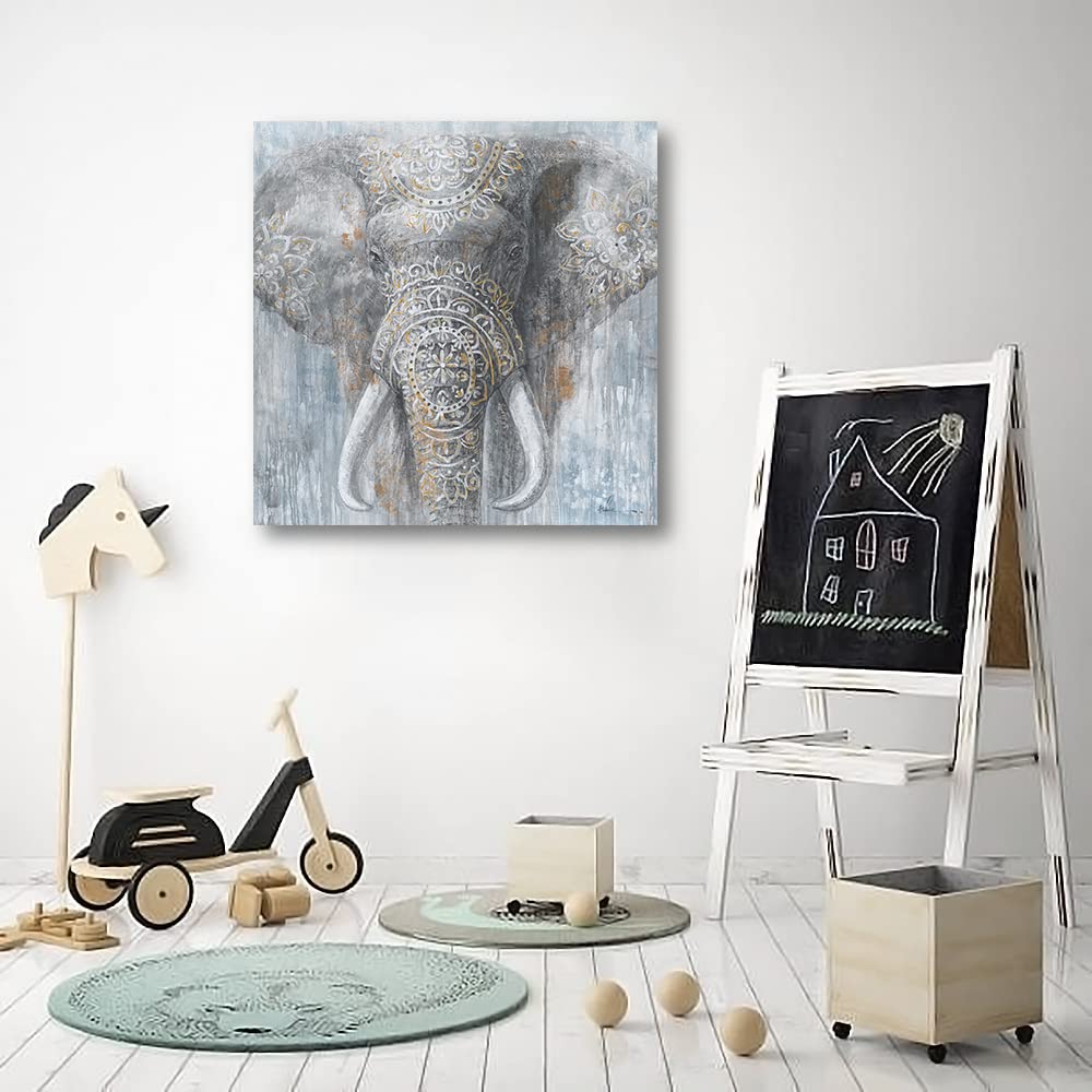 Yidepot Grey Blue Elephant Wall Decor - Wild Animals Canvas Elephants Print 24X24Inch For Bedroom Framed Ready To Hang