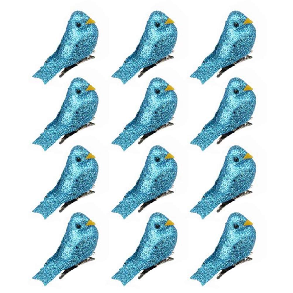 LWINGFLYER 12pcs Tiny White Glitter Artificial Foam Birds 2 Mini Clip on Decorative Bird Ornaments for Crafts Christmas Tree Wed