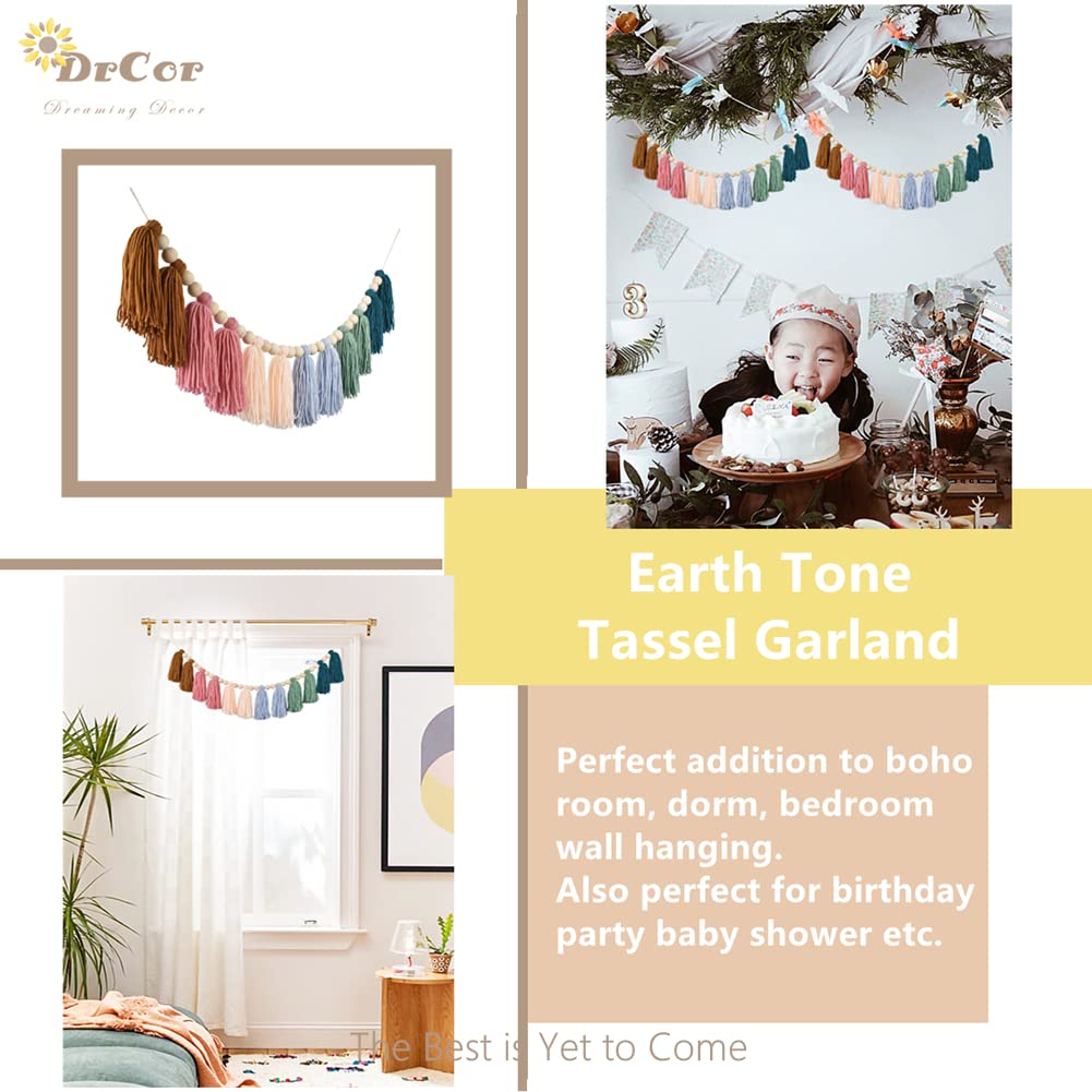 DrCor Boho Rainbow Tassel Garland - Handmade Cotton Yarn Wall Hanging in Earthy Tones for Nursery, Baby Shower & Kids Room Decor