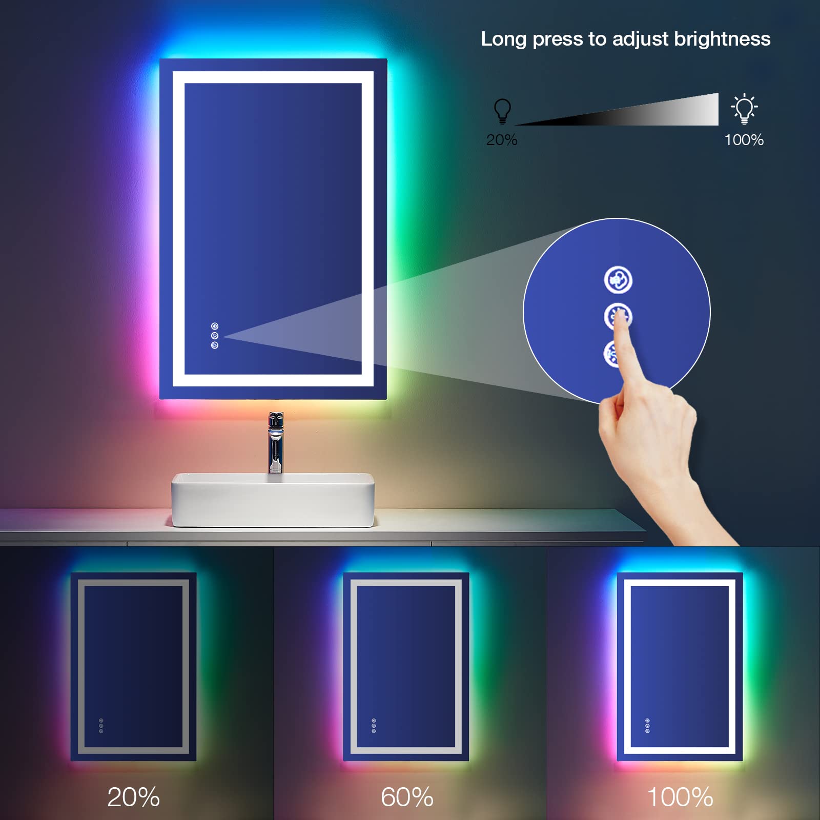 LOAAO 28''X36'' LED Bathroom Mirror with Lights  Anti-Fog  Dimmable  RGB Backlit + Front Lighted  Bathroom Vanity Mirror for Wall  Memory Function  Tempered Glass (Safe to Use)