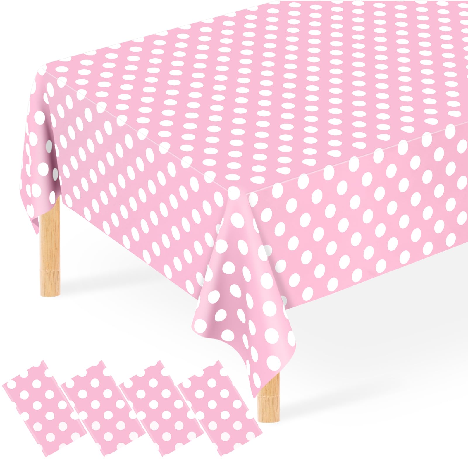 JCTHKUKU 4 Pcs Light Pink Polka Dot Table Cloth, Disposable Plastic Pink & White Tablecloth for Outdoor Picnic, Birthday, Gender