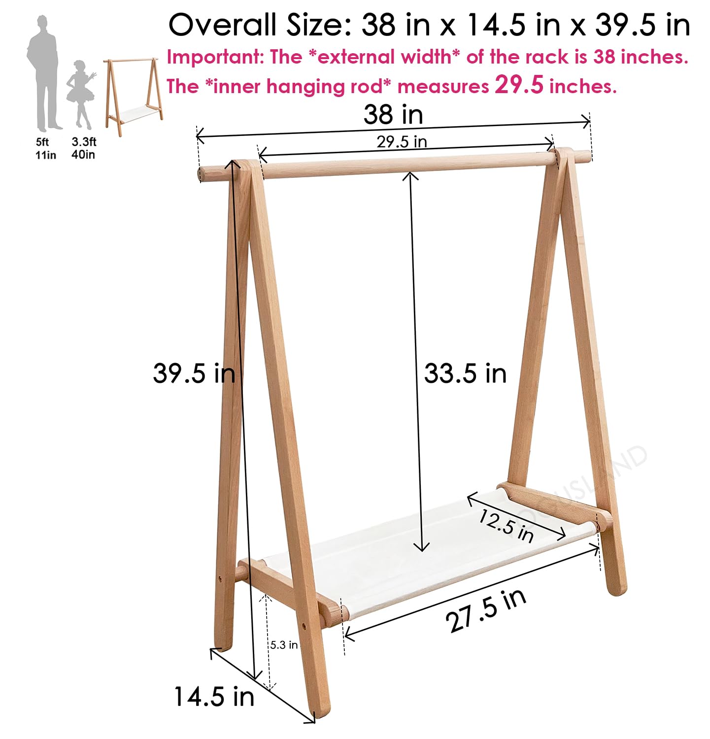 VOGUSLAND Dress up Rack  Child Garment Rack  Kids Clothing Rack with Storage Shelf (Natural Beech  38'' L x 14.5'' W x 40'' H)