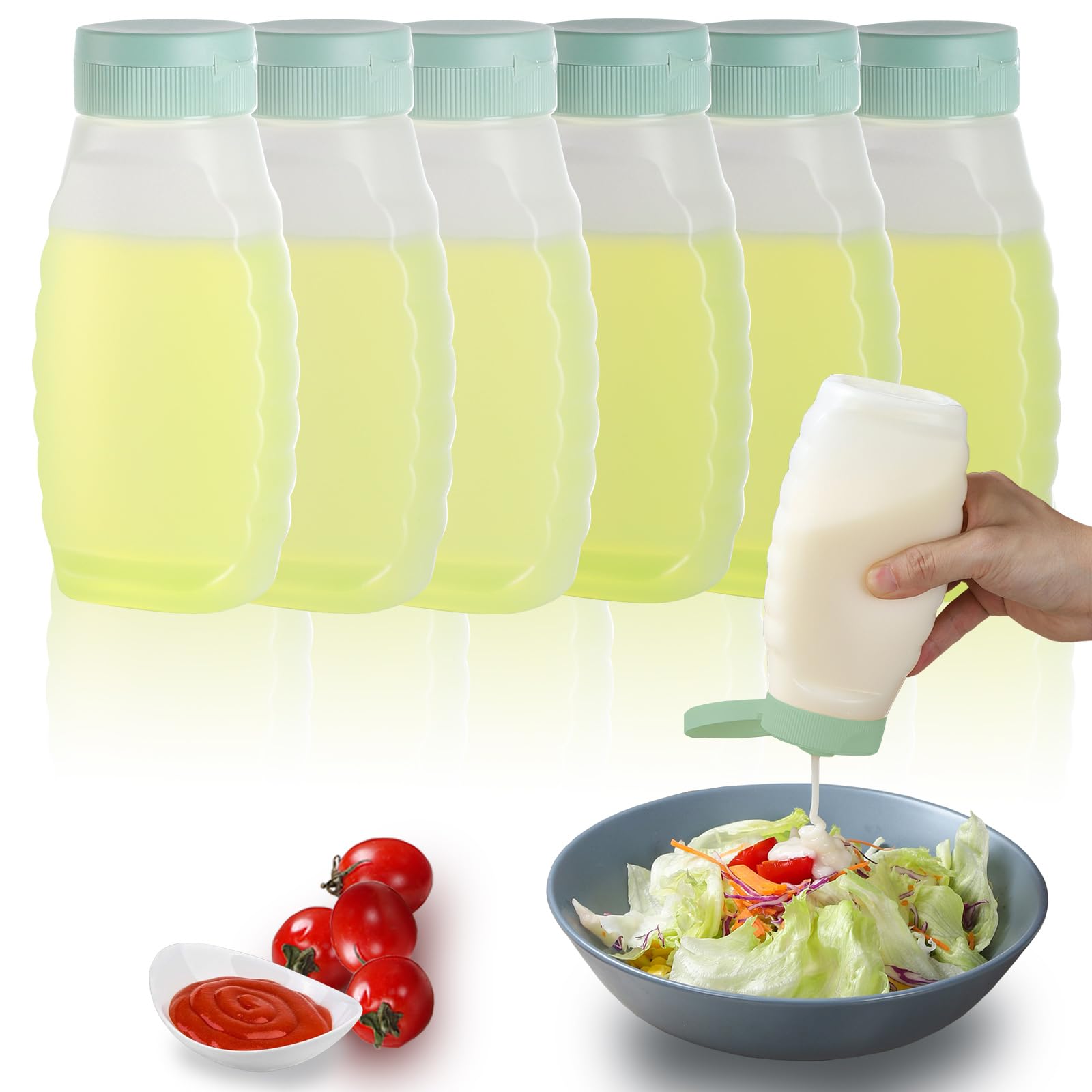 RAMFIYN 6 Pack Condiment Squeeze Bottles for Liquids - Ketchup, Oil, Mustard, Hot Sauce - 380ml/12oz Plastic Squeeze Bottles for