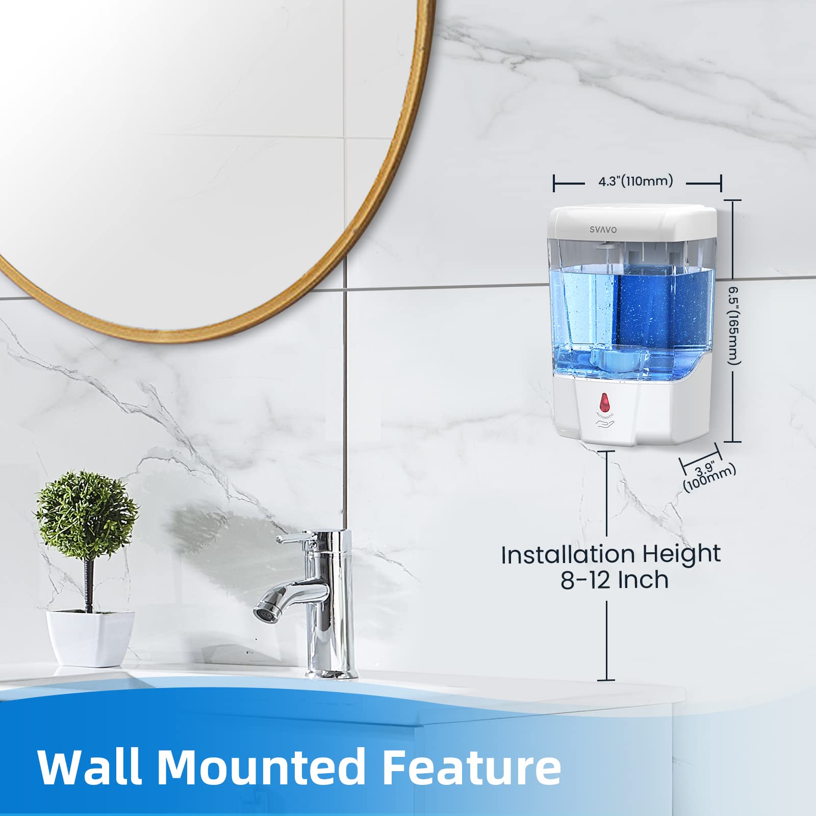 SVAVO Automatic Soap Dispenser Touchless  21oz/600ml Soap Dispenser Wall Mount  Liquid Soap Dispensers for Hand Soap Refill  Bathroom  Kitchen  Household  Commercial Place  ABS Plastic White