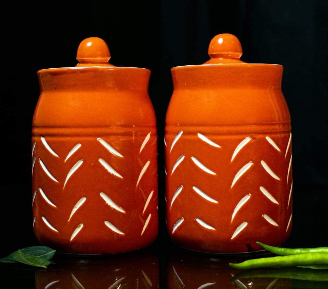 Shriyam Craft Ceramic Storage Jars 500 Grams Jars For Dining Table, Salt Containers, Sugar Storage (Orange, 2)