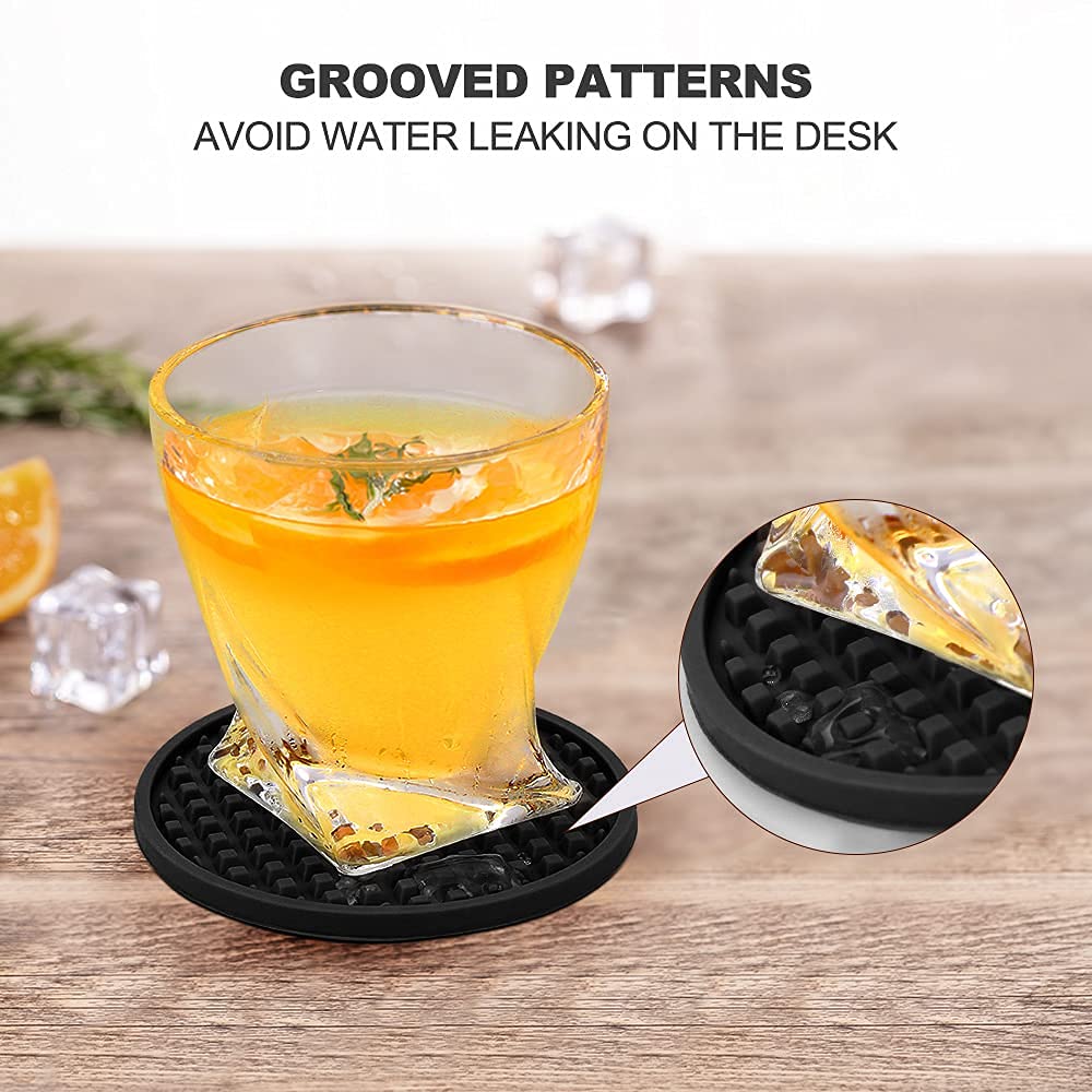 Coasters for Drinks Set of 8  EAGMAK Silicone Drink Coasters with Grooved Pattern  Non-Slip Base  Washable and Heat Resistant Coffee Coasters for Wooden Table  Desk  Kitchen  Office  Bar-Black