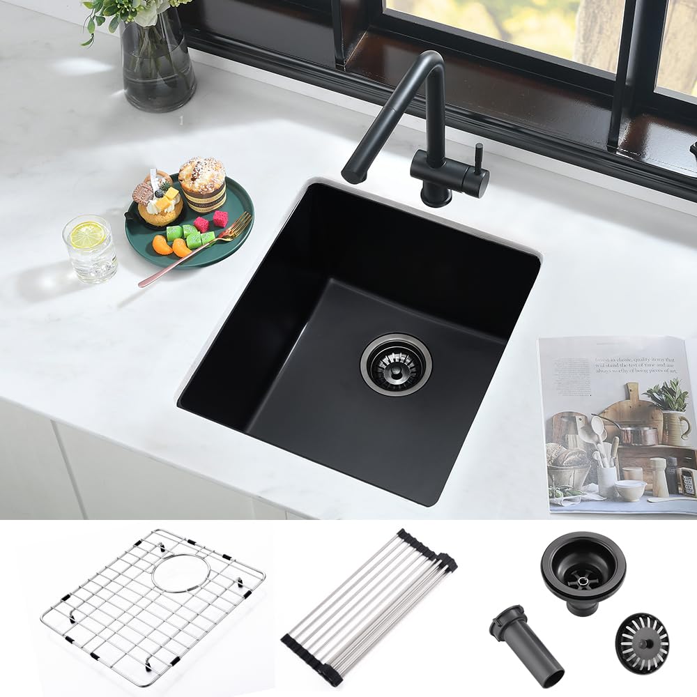 17 Inch Bar Sink Undermount Black-Ianomla 17X17 Undermount Bar Sink Bar Prep Sink Black Quartz Sink Wet Bar Single Bowl Kitchen