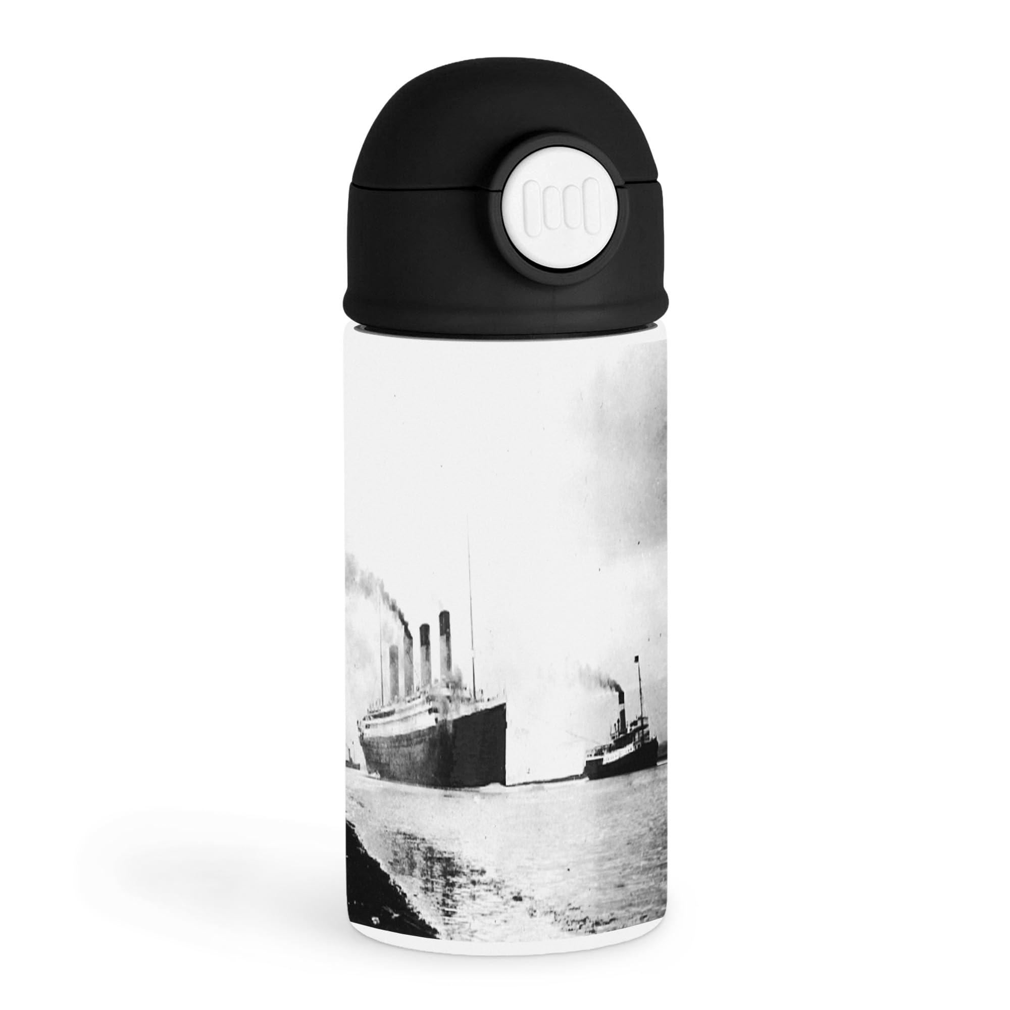 Sentimental History Buff 12oz Kids Black Bottle  Classic black and white photo of Titanics trial run  Road Trip, School Lunch