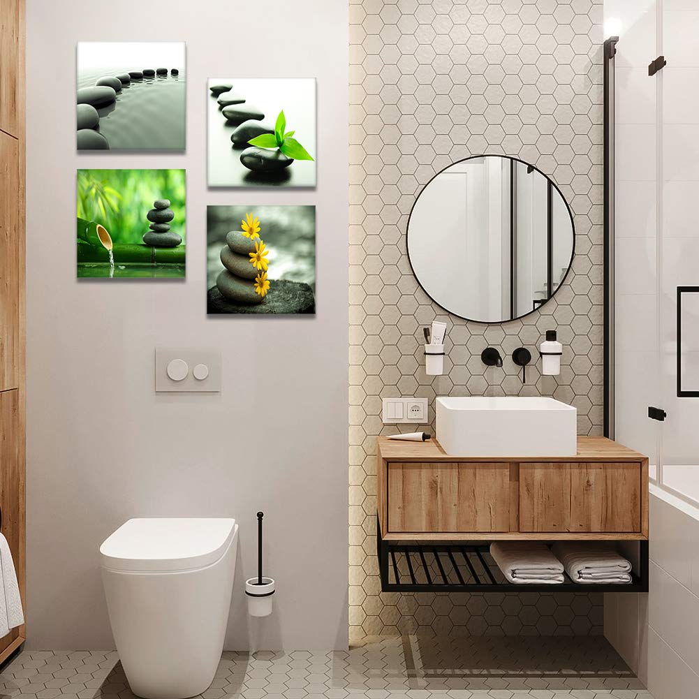 Artscope 4 Pieces Canvas Prints Wall Art - Japanese-Style Black Stone And Zen Culture Picture Painting- Modern Wall Artwork Fram