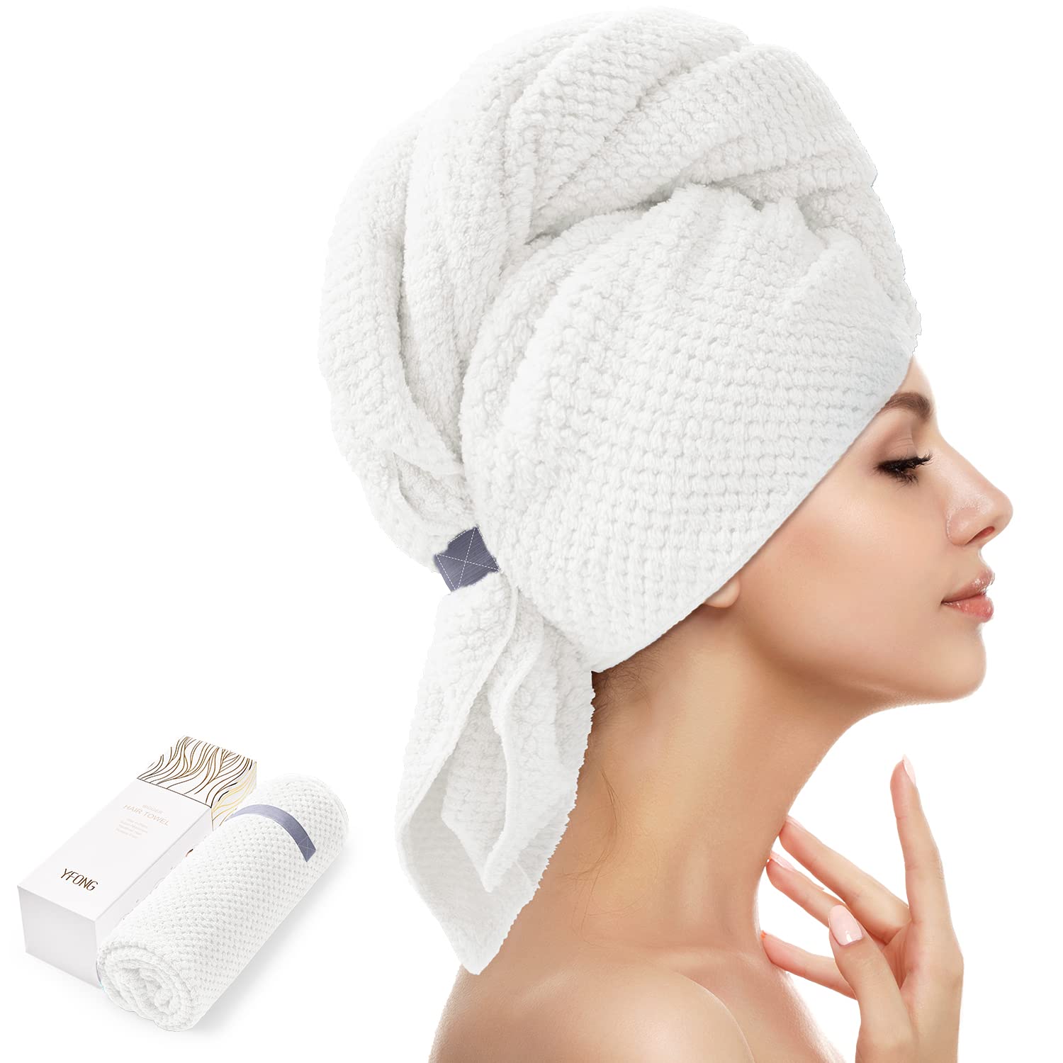 YFONG X-Large Microfiber Hair Towel Wrap for Women, Soft Hair Drying Towel with Elastic Band, Fast Drying Hair Turbans for Wet C