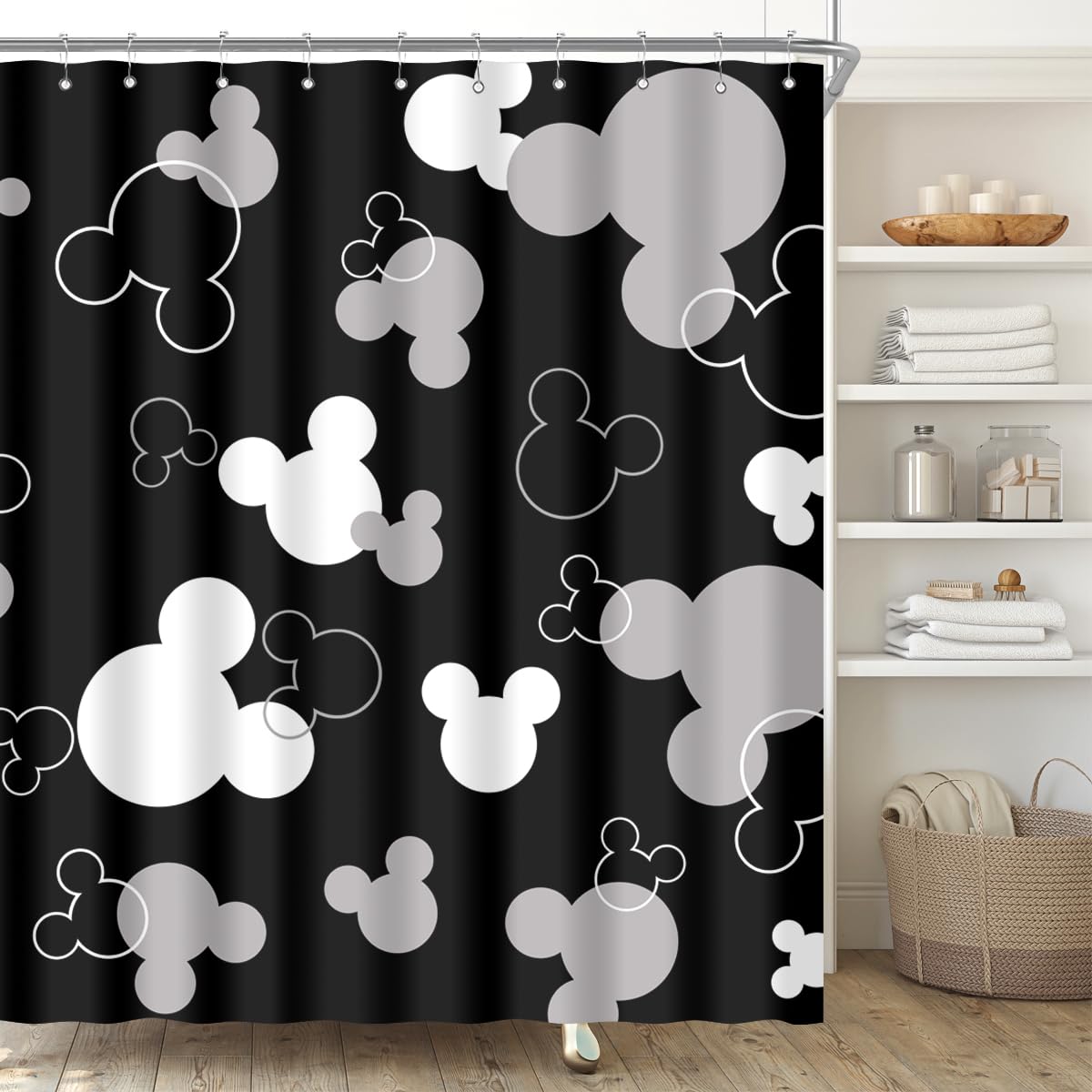 Biysuc Mouse Head Shower Curtain Black Background Children Cartoons Kids Cute Animal Grey White Bathroom Home Decor Waterproof P