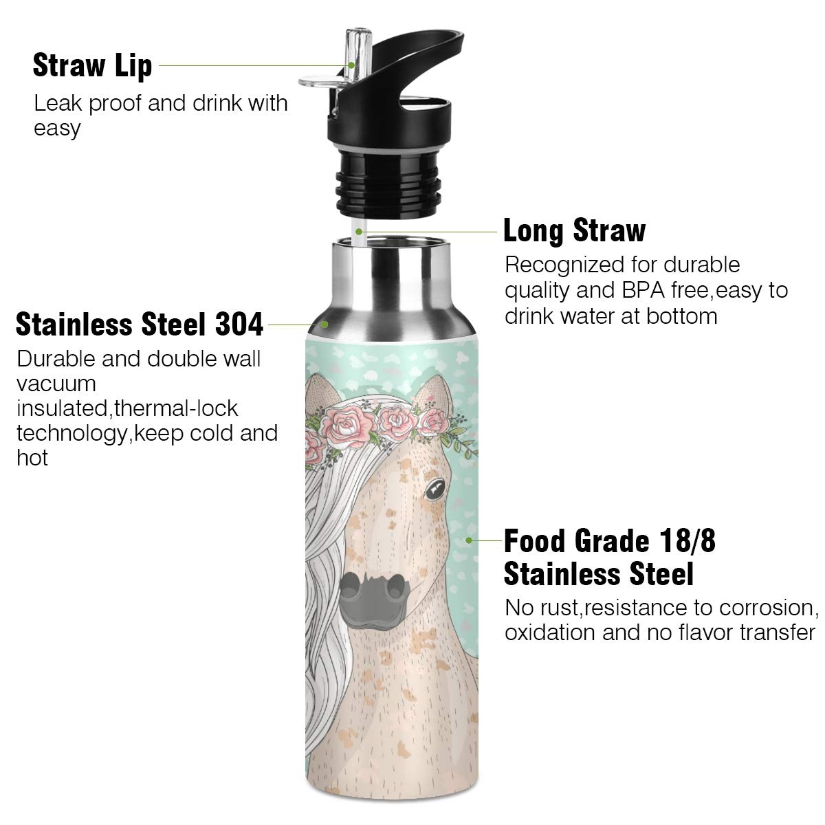 Flower Horse Water Bottle Stainless Steel Vacuum Insulated Water Bottle Standard Mouth Bottle With Wide Handle