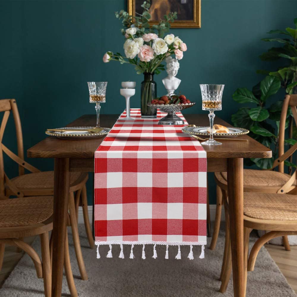Duobao Checkered Table Runner 14X90-Inch Red And White Buffalo Plaid Tablecloth Runners With Tassels Farmhouse Gingham Fabric 90