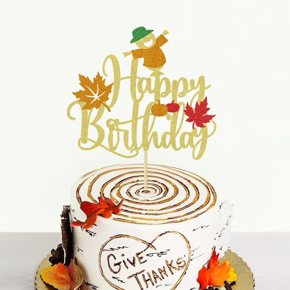 Lgaiehjc Pumpkin Happy Birthday Cake Topper Glitter Autumn Fall Maple Leaves Thanksgiving Birthday Cake Pick for Baby Shower Pum