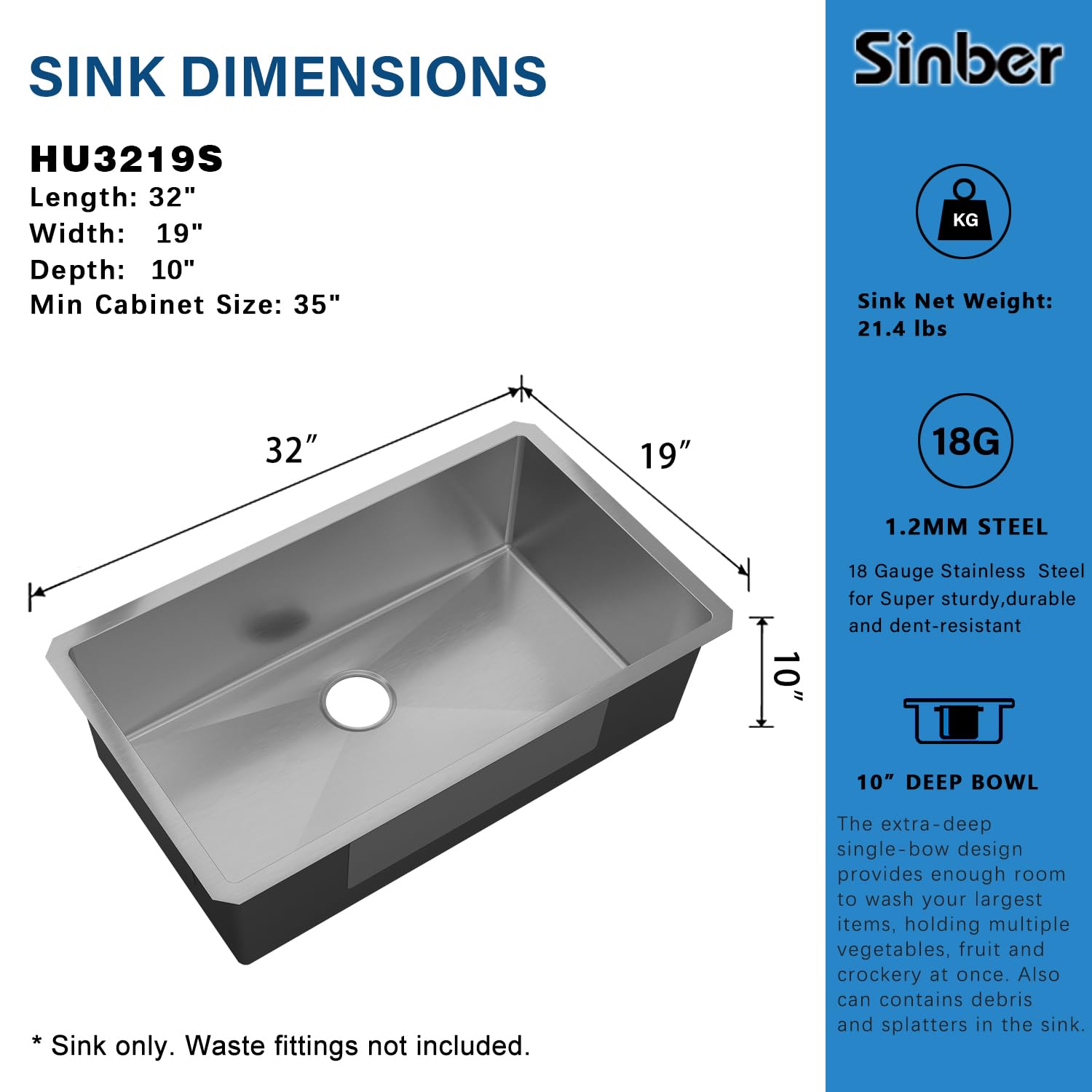 Sinber 32'' x 19'' x 10'' Undermount Single Bowl Kitchen Sink with 18 Gauge 304 Stainless Steel Satin Finish HU3219S-S (Sink Only)
