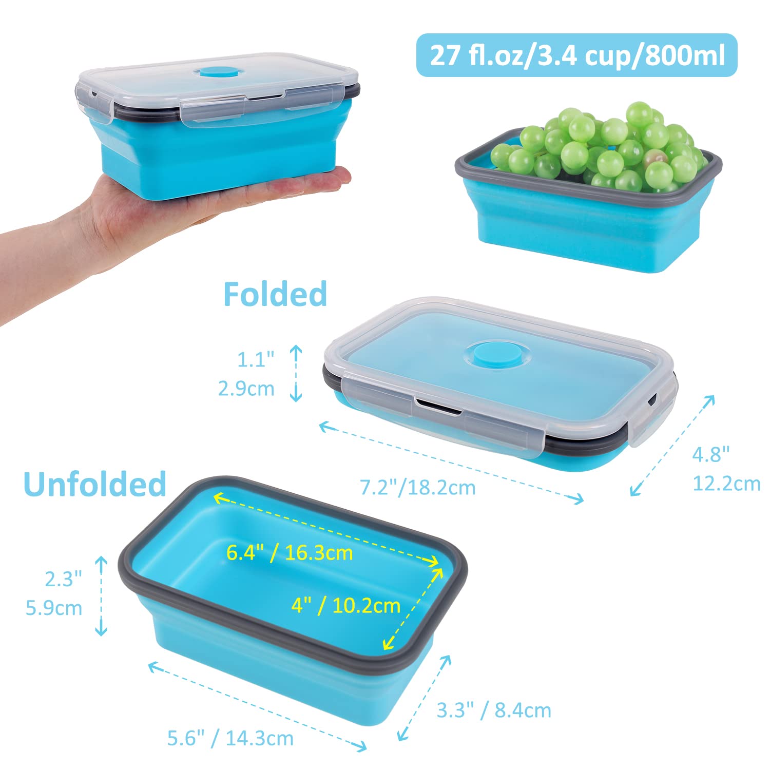 Collapsible Food Storage Containers With Airtight Lid, 27 Oz, Kitchen Stacking Silicone Collapsible Meal Prep Container Set For
