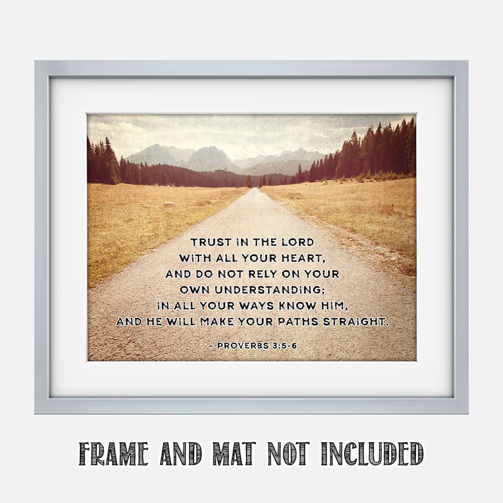 TJ Originals Bible Wall Decor - Prov 3 5-6 Christian Quote Print, 11 x 14" Vintage Road Paper Inspirational Gift for Women