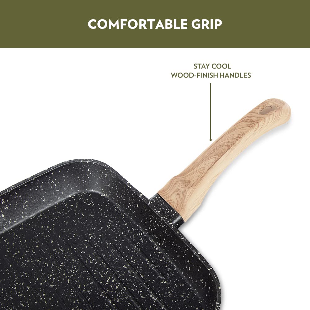 Borosil Vajra Die-Cast Non-Stick Aluminium Square Grill Fry Pan, Frying Pan With Ridges, Black With Wood-Finish Handles, 240 Mm