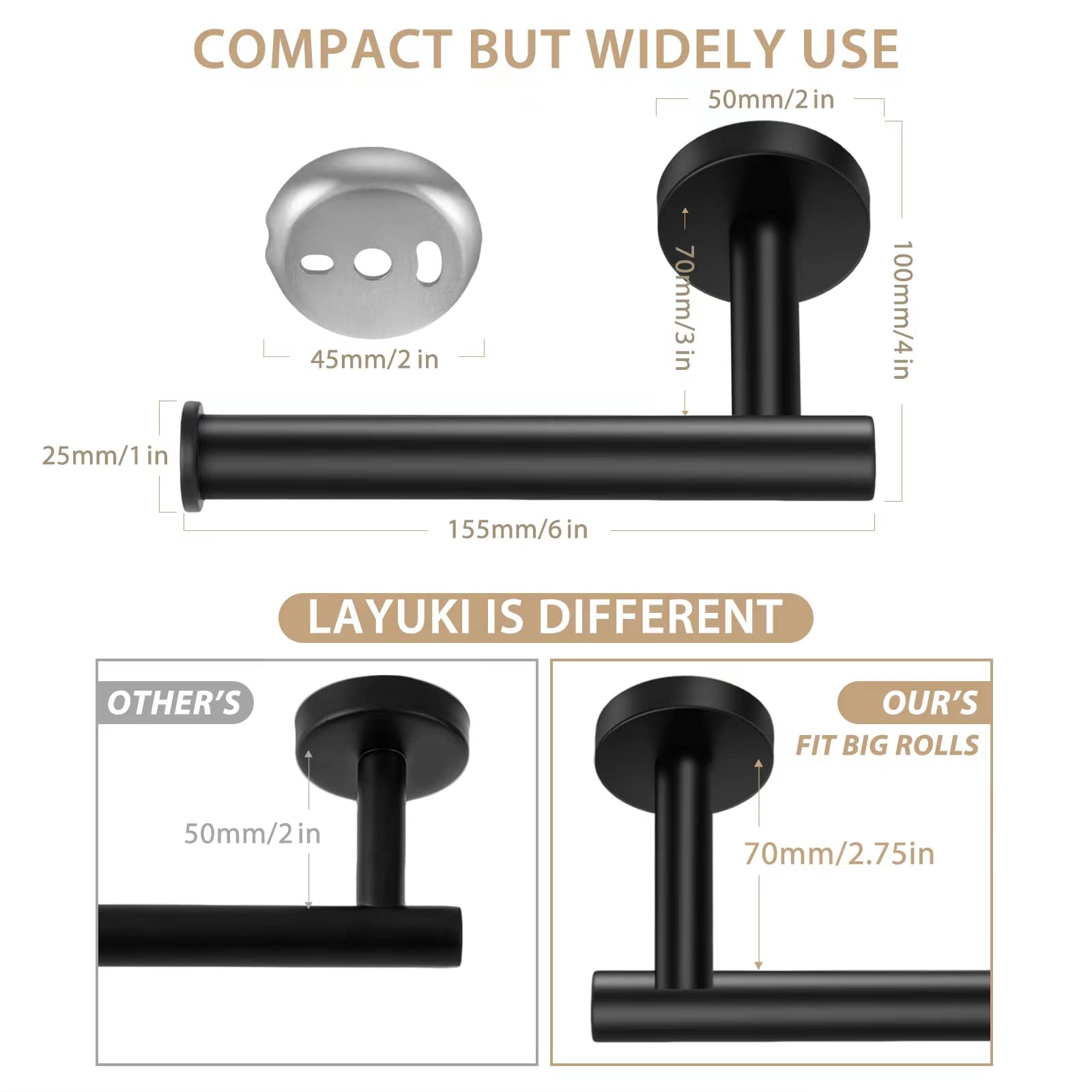 Layuki Toilet Paper Holder, Toilet Paper Roll Holder, Toilet Tissue Holder, Matte Black, Wall Mount, Sus304 Stainless Steel,Upgr