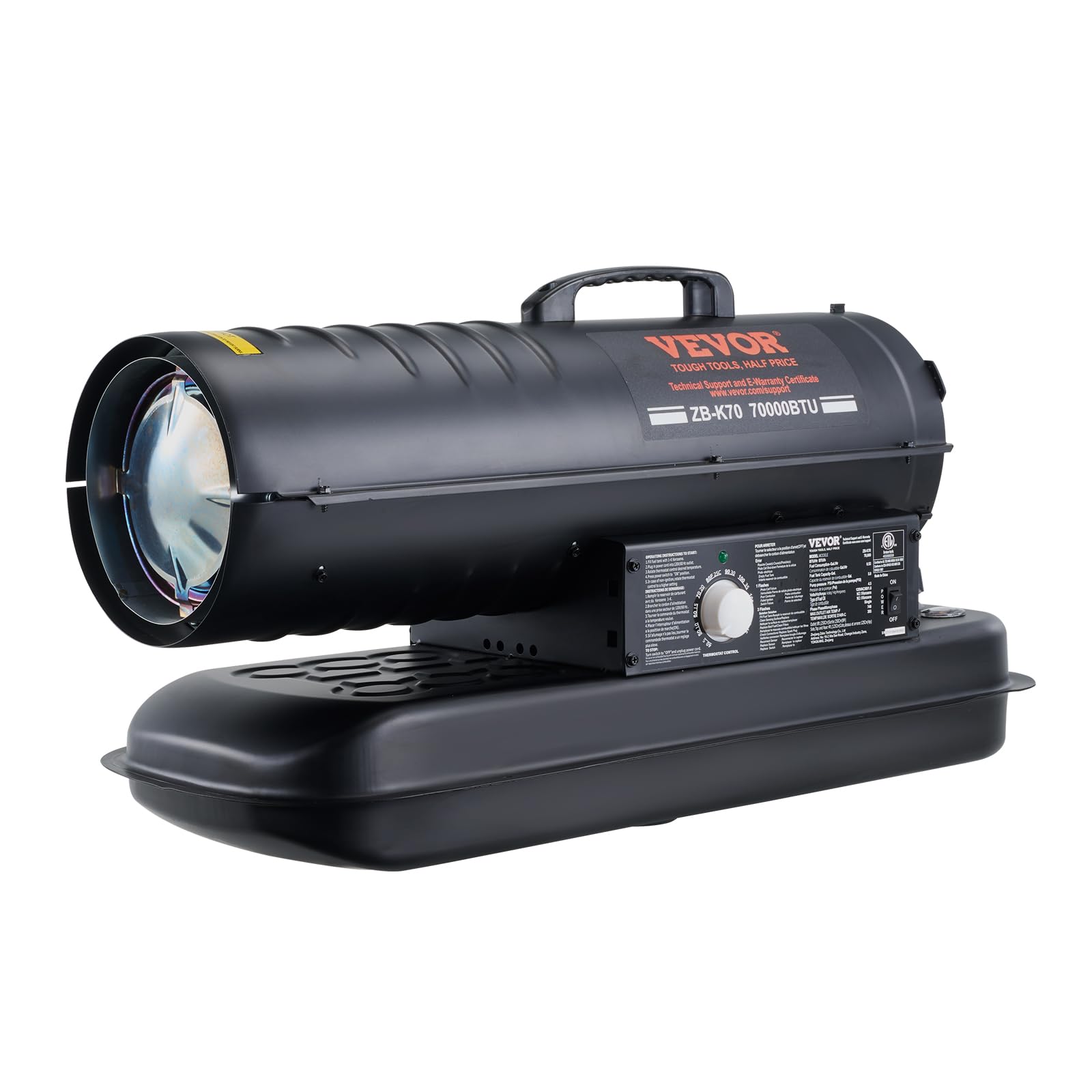 VEVOR Kerosene Forced Air Heater, 70000 BTU Portable Torpedo Diesel Space Heater with Thermostat, 5 Gallon Tank Energy-Efficient